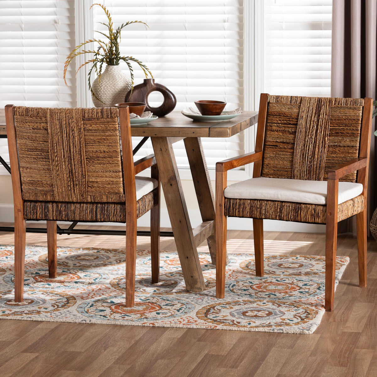 Chabela 2-Piece Handwoven Seagrass Armchairs - Solid Mango Wood Frame Dining Chair with Woven Seat and Backrest, Rustic Boho Style Kitchen or Dining Room Seating, Medium Brown