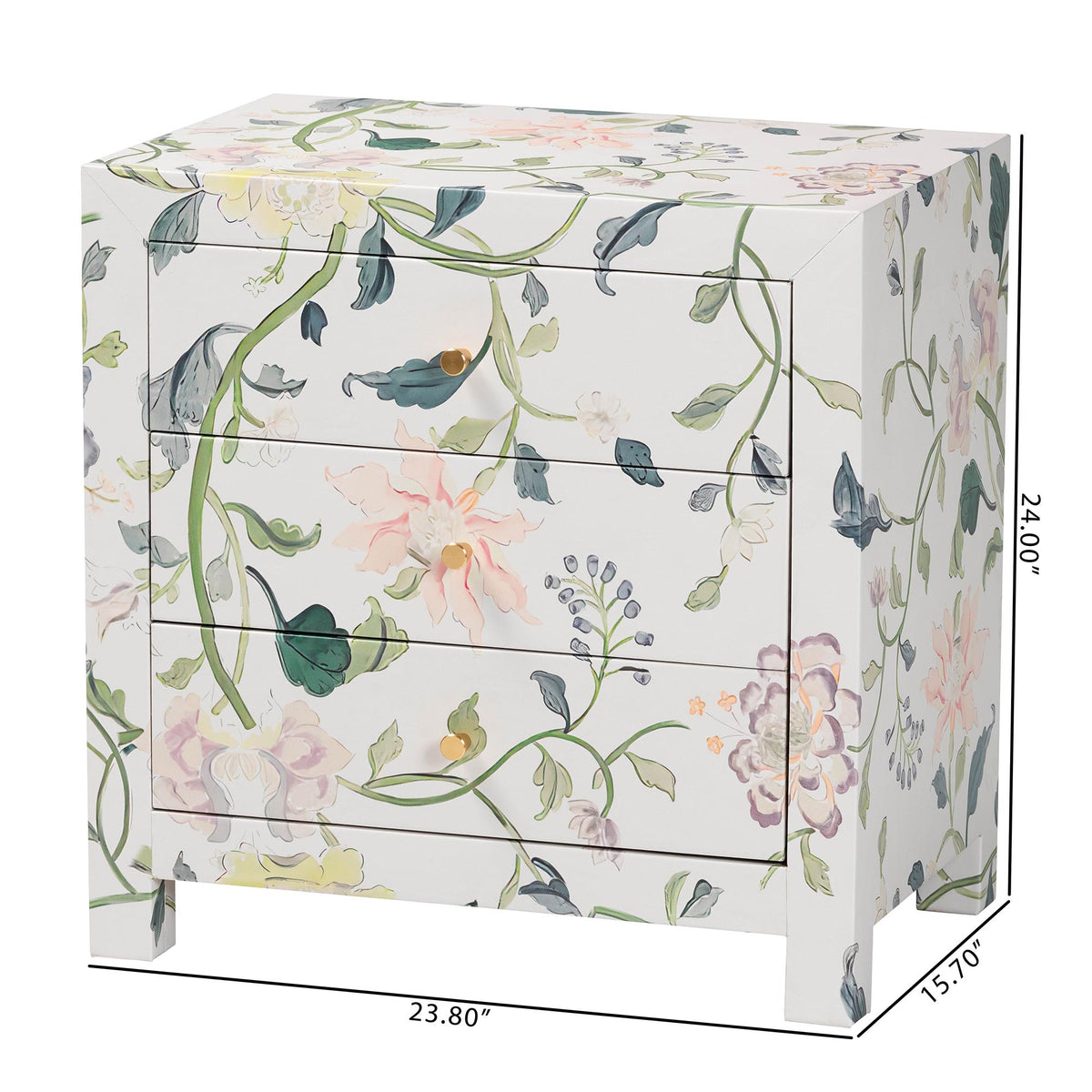 Connery Floral  End Table - 3-Drawer Decorative Accent Storage Cabinet