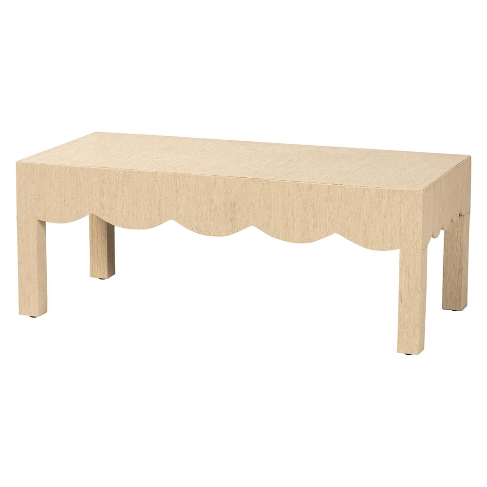 Mason Natural Grasscloth Coffee Table - Rectangular Accent Table with Scalloped Apron, Modern Coastal Living Room Centerpiece