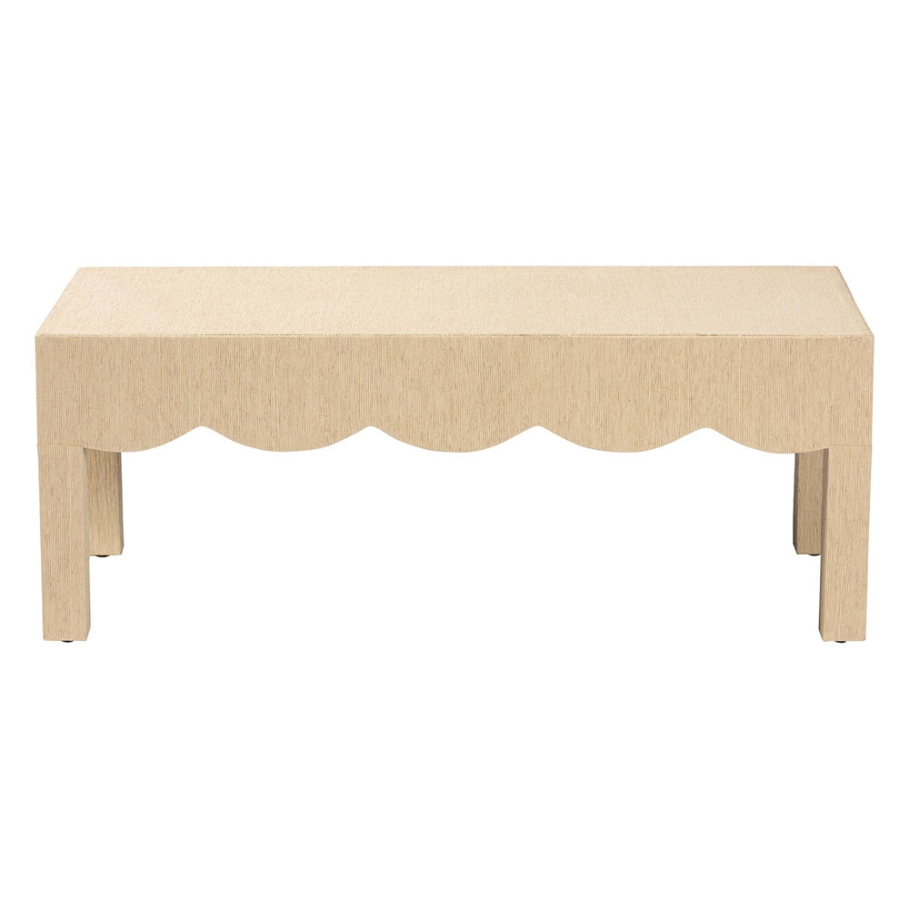 Mason Natural Grasscloth Coffee Table - Rectangular Accent Table with Scalloped Apron, Modern Coastal Living Room Centerpiece