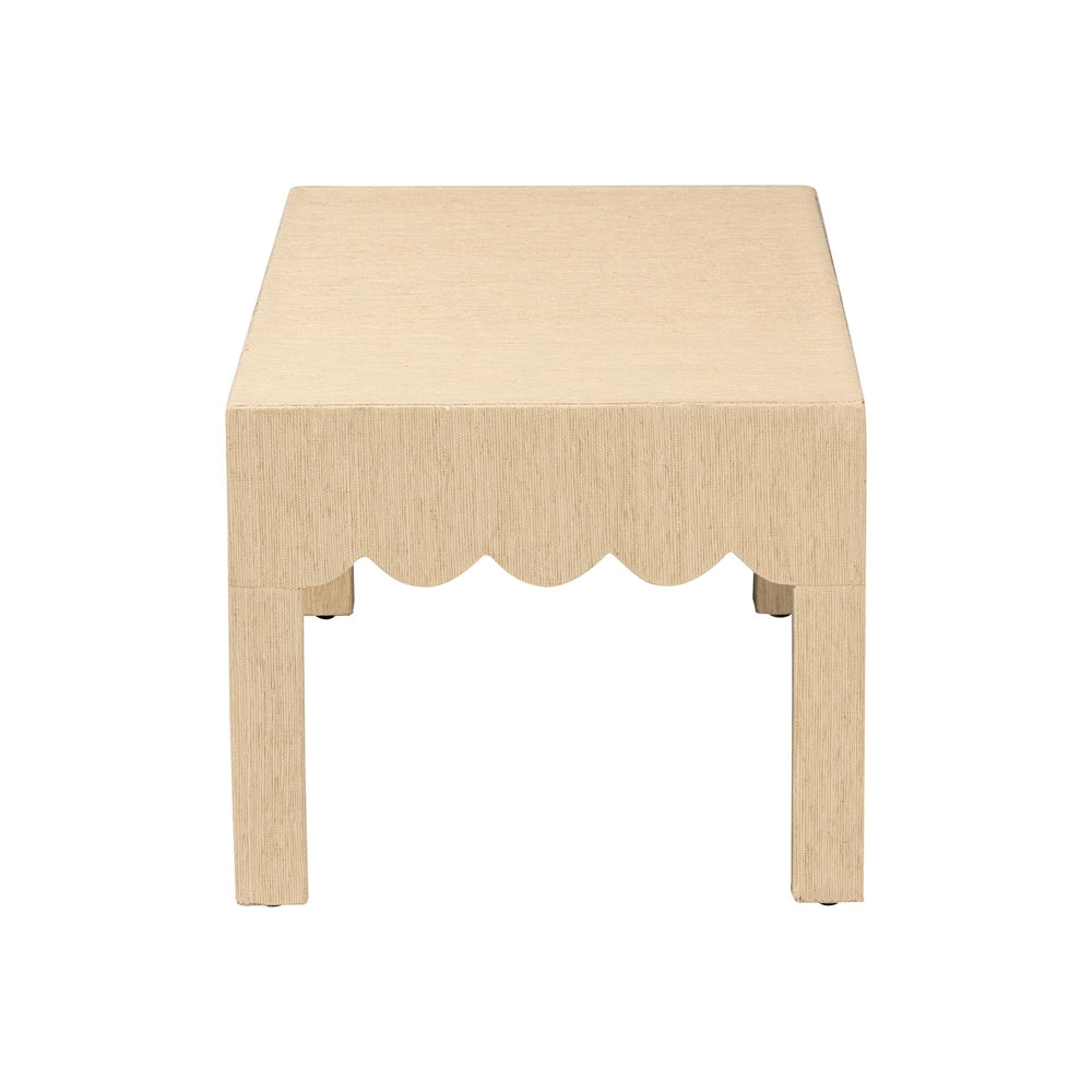 Mason Natural Grasscloth Coffee Table - Rectangular Accent Table with Scalloped Apron, Modern Coastal Living Room Centerpiece