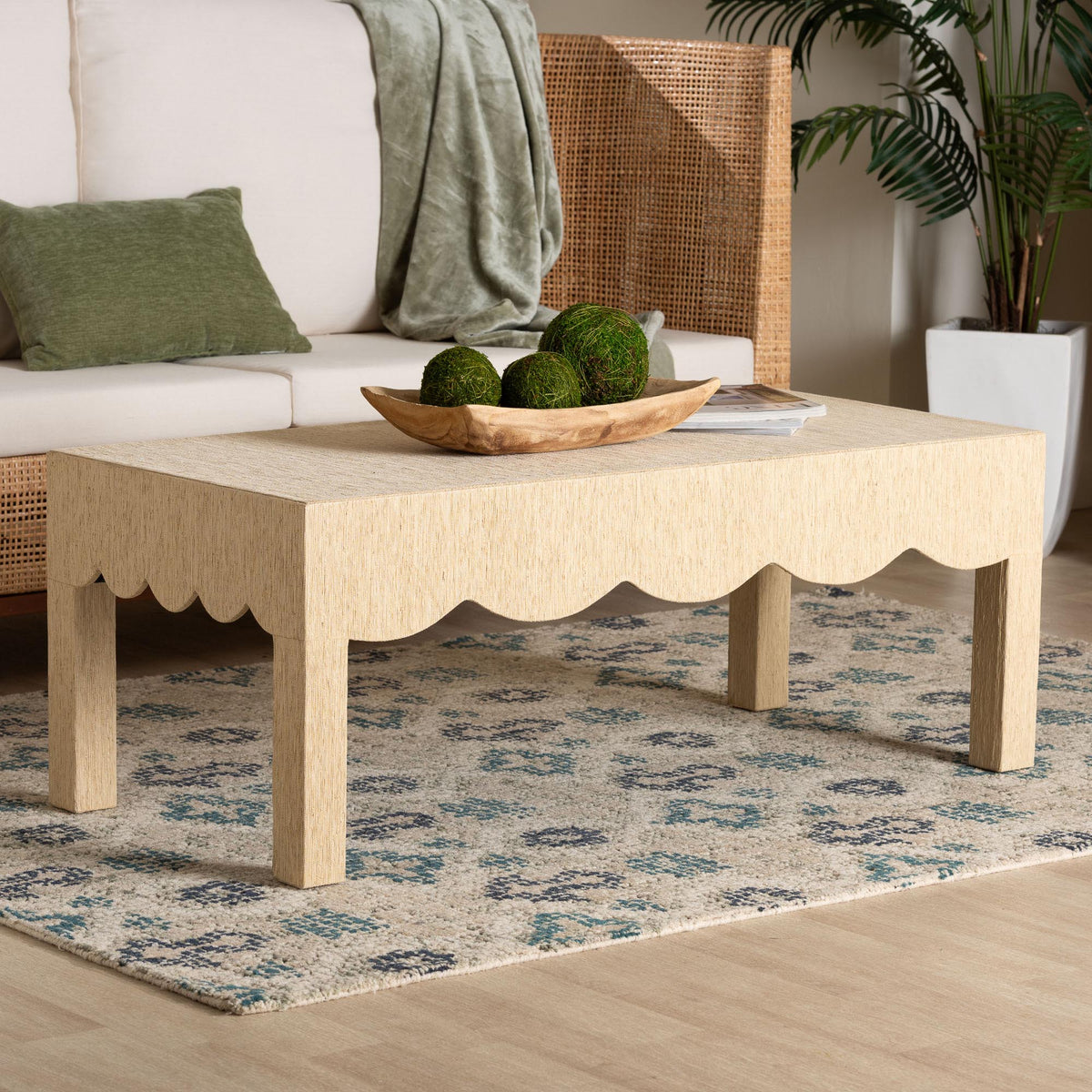 Mason Natural Grasscloth Coffee Table - Rectangular Accent Table with Scalloped Apron, Modern Coastal Living Room Centerpiece