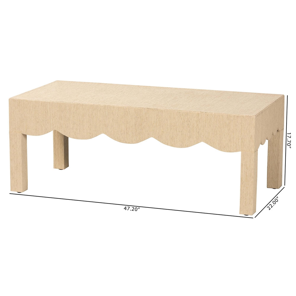 Mason Natural Grasscloth Coffee Table - Rectangular Accent Table with Scalloped Apron, Modern Coastal Living Room Centerpiece
