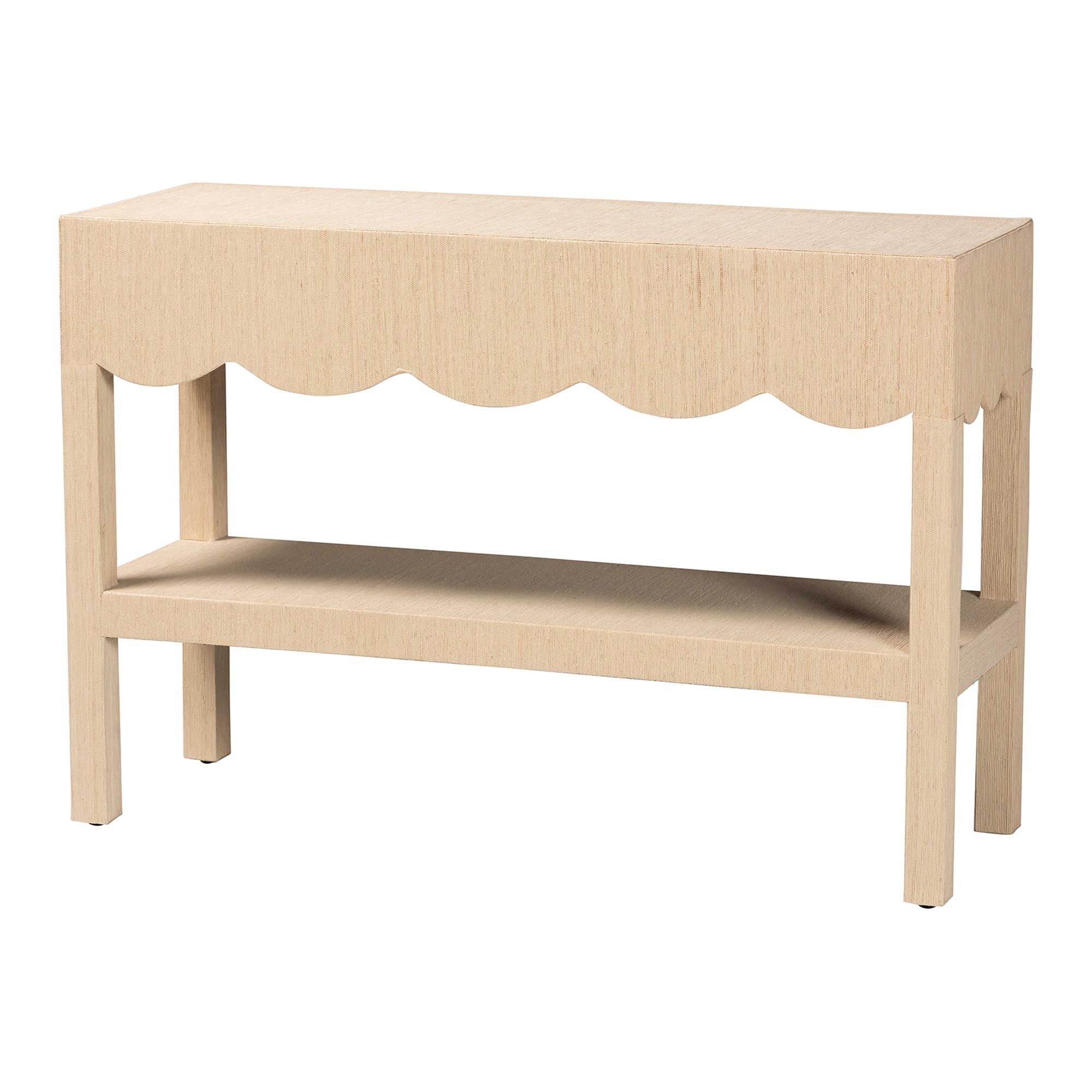 bali & pari Mason Natural Grasscloth Console Table - Two-Tier Entryway Table with Scalloped Apron, Modern Coastal Accent Table for Living Room or Hallway