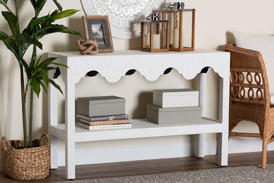 Nolan Natural Grasscloth Console Table - Two-Tier Entryway Table with Scalloped Apron, Modern Coastal Accent Table for Living Room or Hallway