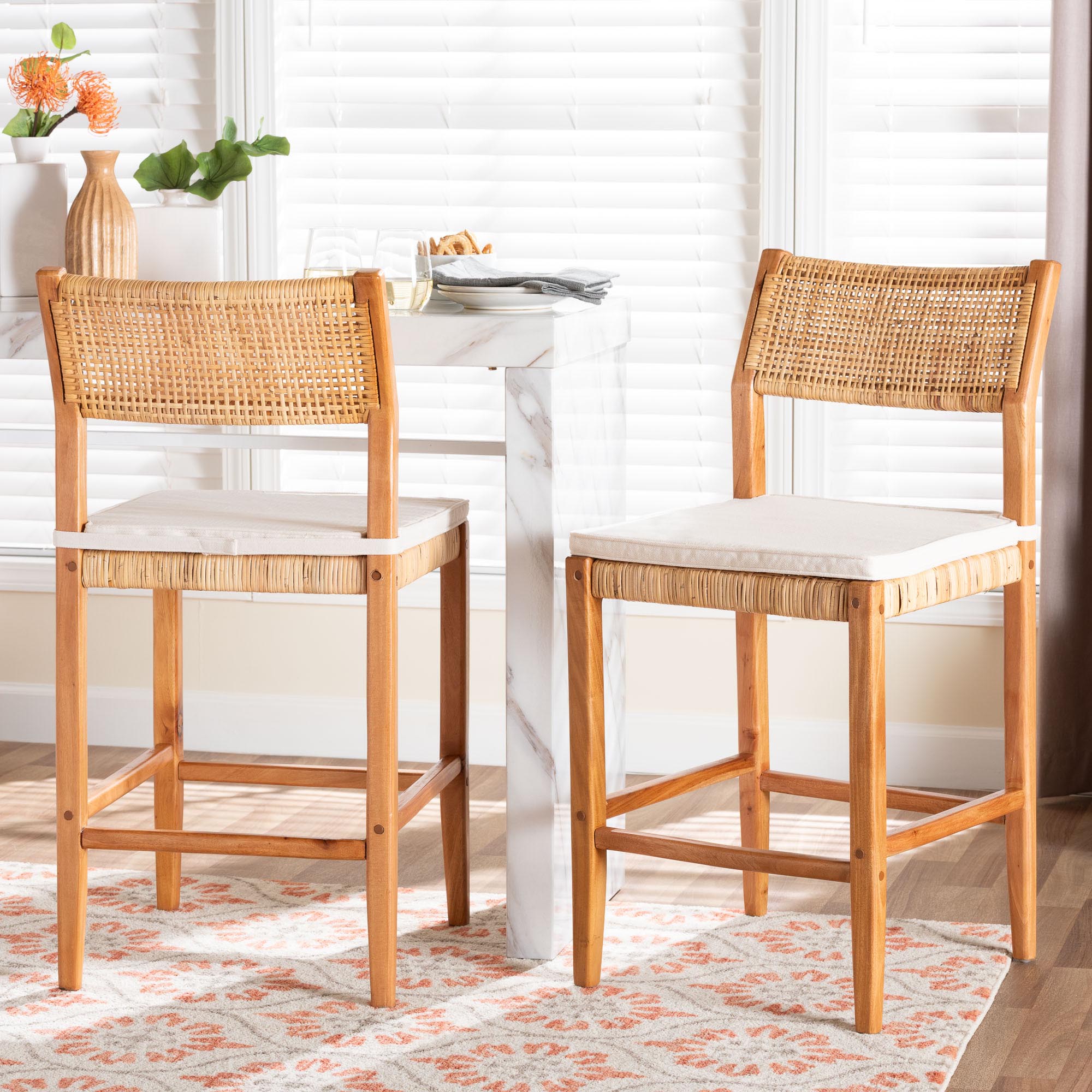 Chatura Natural Rattan and Mahogany Wood 2-Piece Counter Stool Set - Handwoven Wicker Stool with Angled Back, Coastal Boho Seating for Kitchen Island, Counter Height