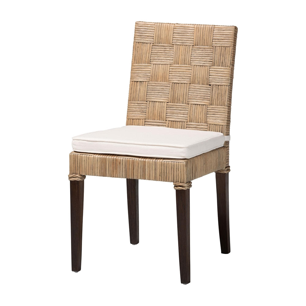 Fatima Natural Rattan Dining Chair with Cushion - Handwoven Wicker Side Chair with Basketweave Back and Seat, Coastal Boho Seating for Dining Room or Kitchen