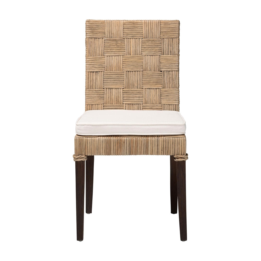 Fatima Natural Rattan Dining Chair with Cushion - Handwoven Wicker Side Chair with Basketweave Back and Seat, Coastal Boho Seating for Dining Room or Kitchen