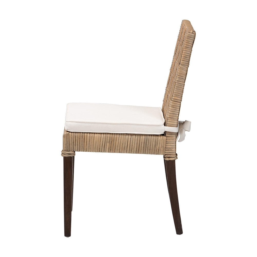 Fatima Natural Rattan Dining Chair with Cushion - Handwoven Wicker Side Chair with Basketweave Back and Seat, Coastal Boho Seating for Dining Room or Kitchen