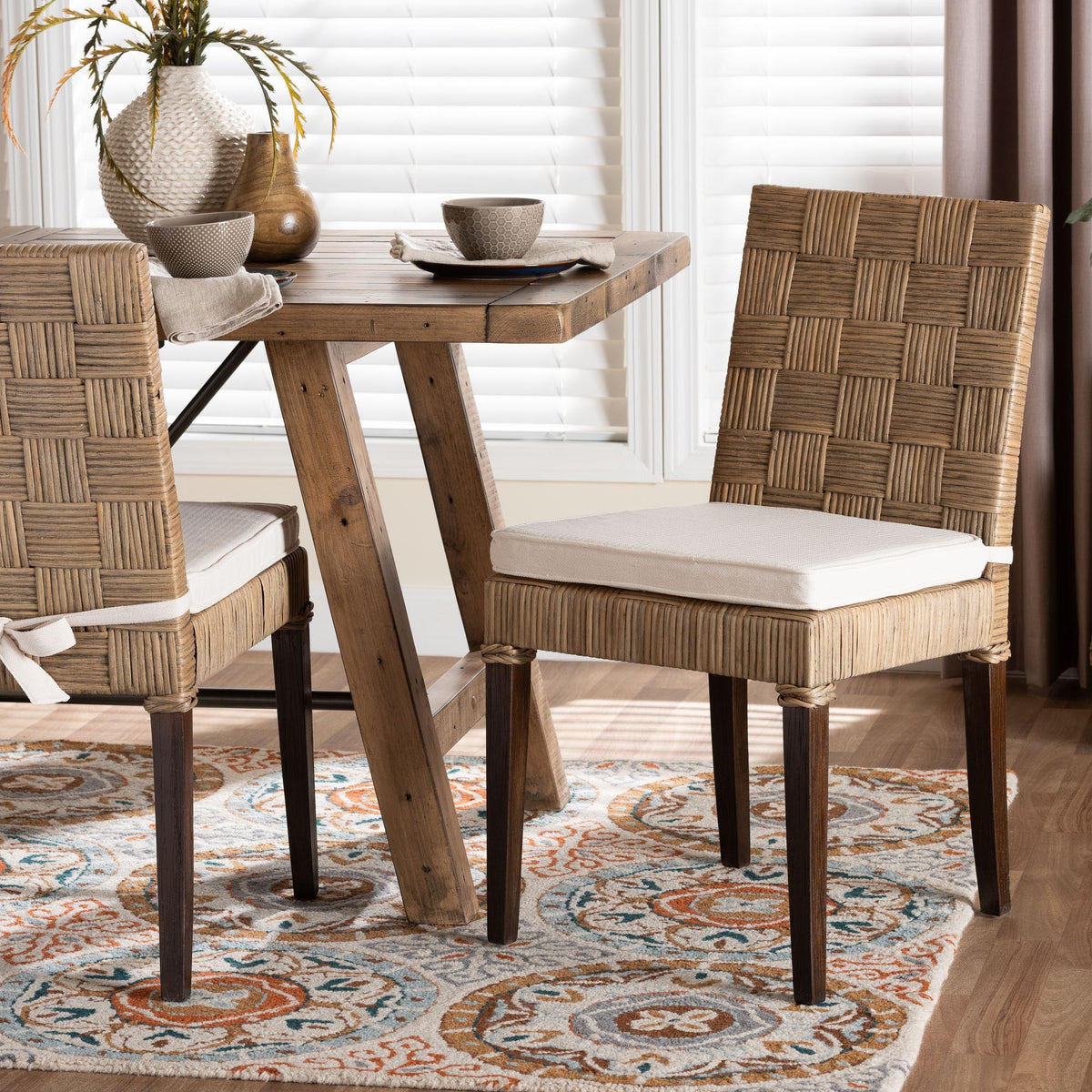 Fatima Natural Rattan Dining Chair with Cushion - Handwoven Wicker Side Chair with Basketweave Back and Seat, Coastal Boho Seating for Dining Room or Kitchen