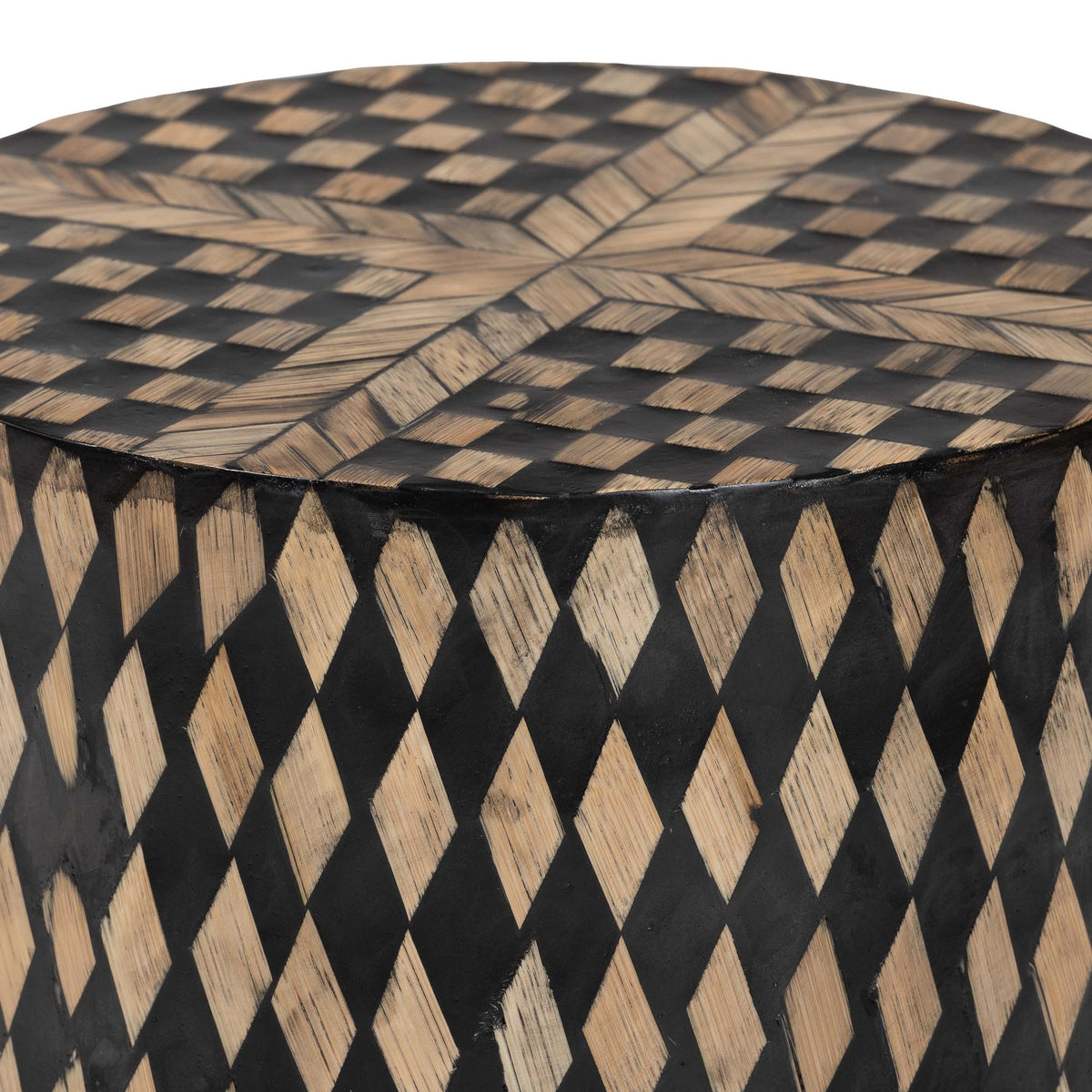 Paulo Decorative End Table with Bamboo Diamond Pattern - Modern Accent Side Table for Living Room or Bedroom, Round