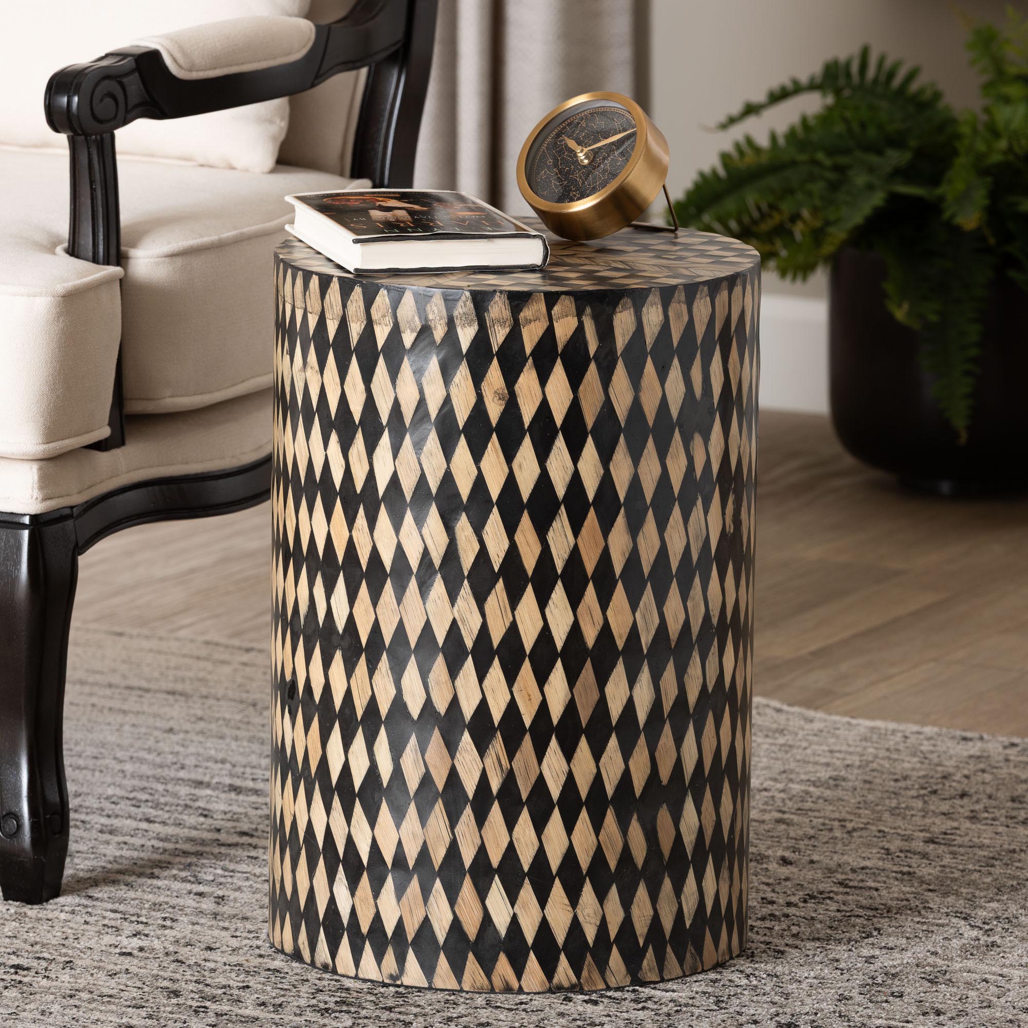 Paulo Decorative End Table with Bamboo Diamond Pattern - Modern Accent Side Table for Living Room or Bedroom, Round