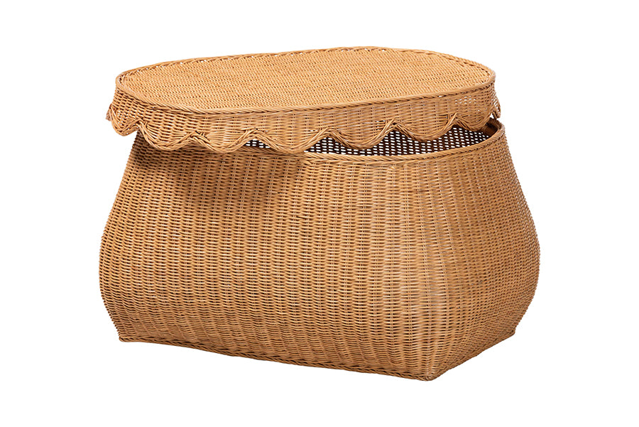 Ayleen Natural Rattan Basket with Scalloped Lid - Handwoven Wicker Storage Box, Boho Coastal Home Decor, Medium