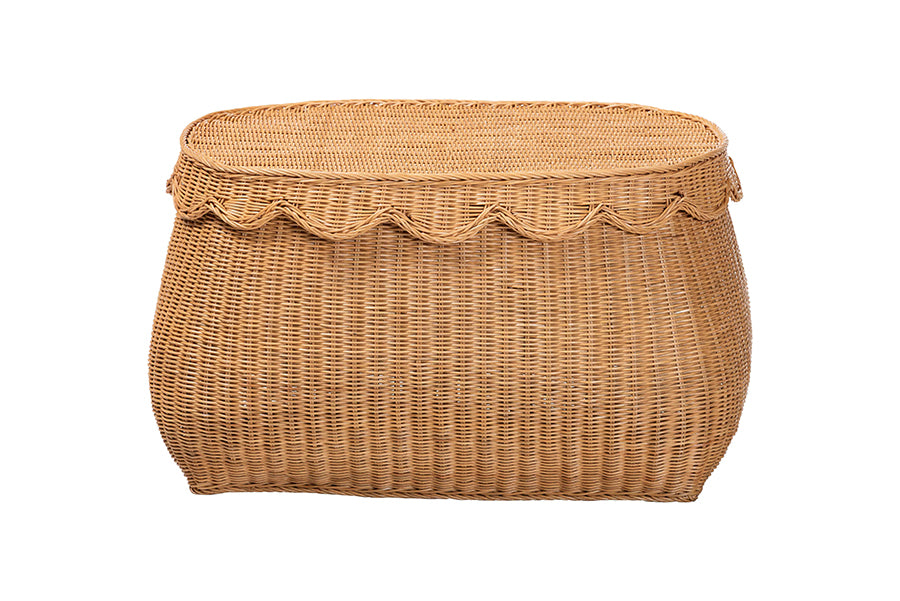 Ayleen Natural Rattan Basket with Scalloped Lid - Handwoven Wicker Storage Box, Boho Coastal Home Decor, Medium