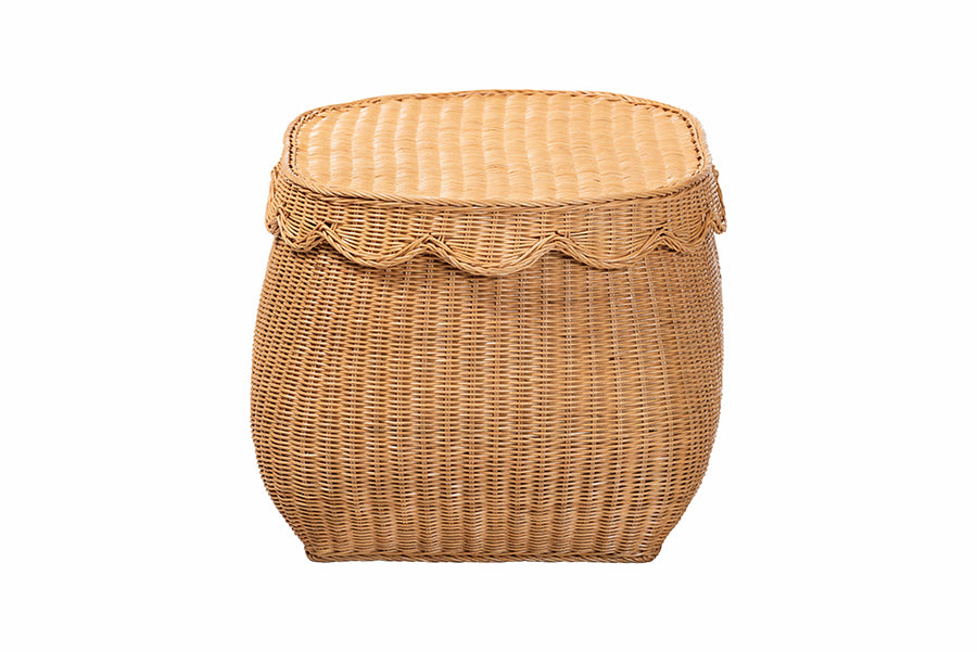 Ayleen Natural Rattan Basket with Scalloped Lid - Handwoven Wicker Storage Box, Boho Coastal Home Decor, Medium