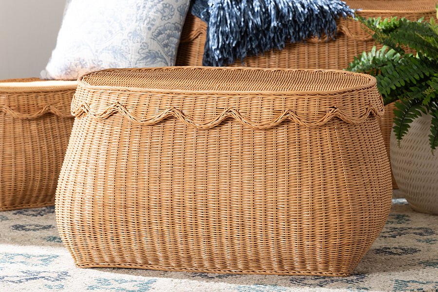 Ayleen Natural Rattan Basket with Scalloped Lid - Handwoven Wicker Storage Box, Boho Coastal Home Decor, Medium