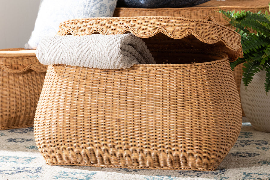 Ayleen Natural Rattan Basket with Scalloped Lid - Handwoven Wicker Storage Box, Boho Coastal Home Decor, Medium
