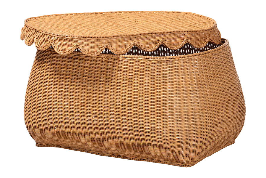 Ayleen Natural Rattan Basket with Scalloped Lid - Handwoven Wicker Storage Box, Boho Coastal Home Decor, Large