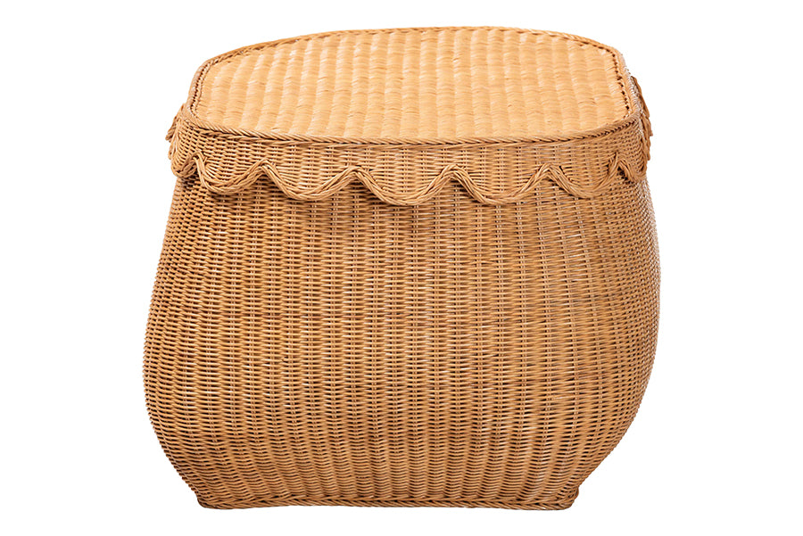 Ayleen Natural Rattan Basket with Scalloped Lid - Handwoven Wicker Storage Box, Boho Coastal Home Decor, Large