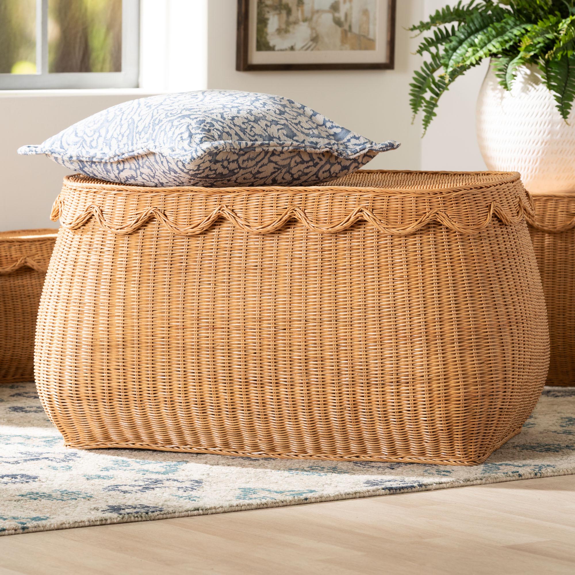 Ayleen Natural Rattan Basket with Scalloped Lid - Handwoven Wicker Storage Box, Boho Coastal Home Decor, Large