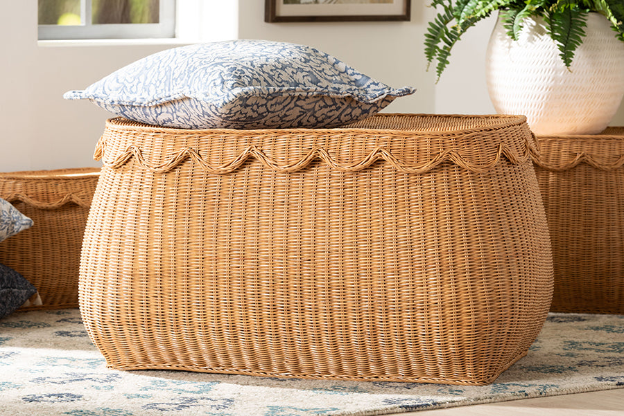 Ayleen Natural Rattan Basket with Scalloped Lid - Handwoven Wicker Storage Box, Boho Coastal Home Decor, Large