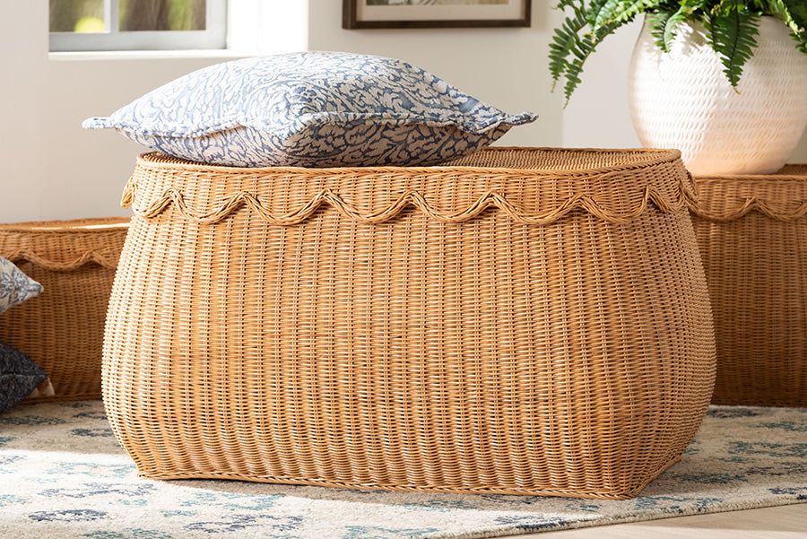 Ayleen Natural Rattan Basket with Scalloped Lid - Handwoven Wicker Storage Box, Boho Coastal Home Decor, Large