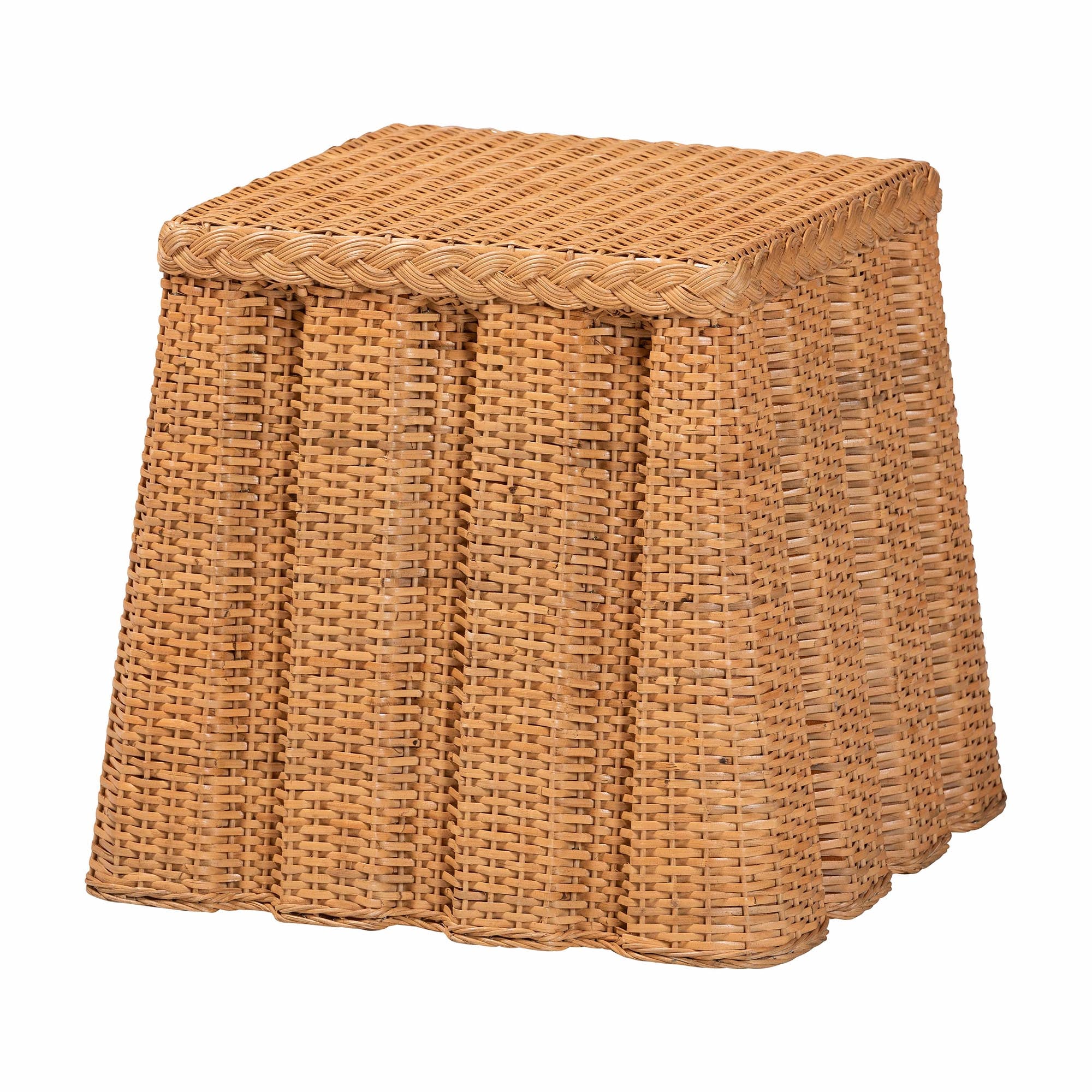 Andrea Natural Rattan End Table - Handwoven Wicker Accent Table with Pleated Skirt, Boho Coastal Side Table