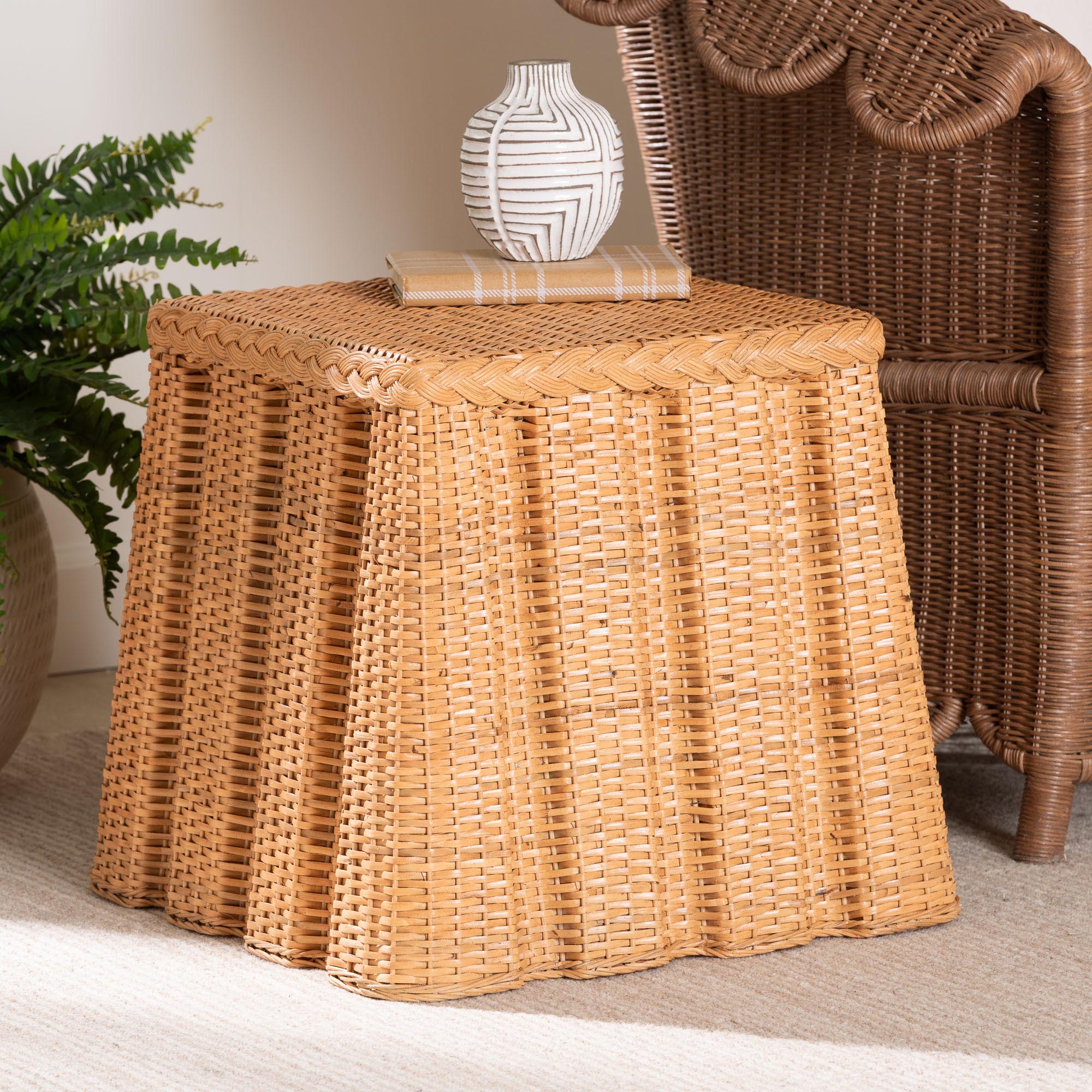 Andrea Natural Rattan End Table - Handwoven Wicker Accent Table with Pleated Skirt, Boho Coastal Side Table