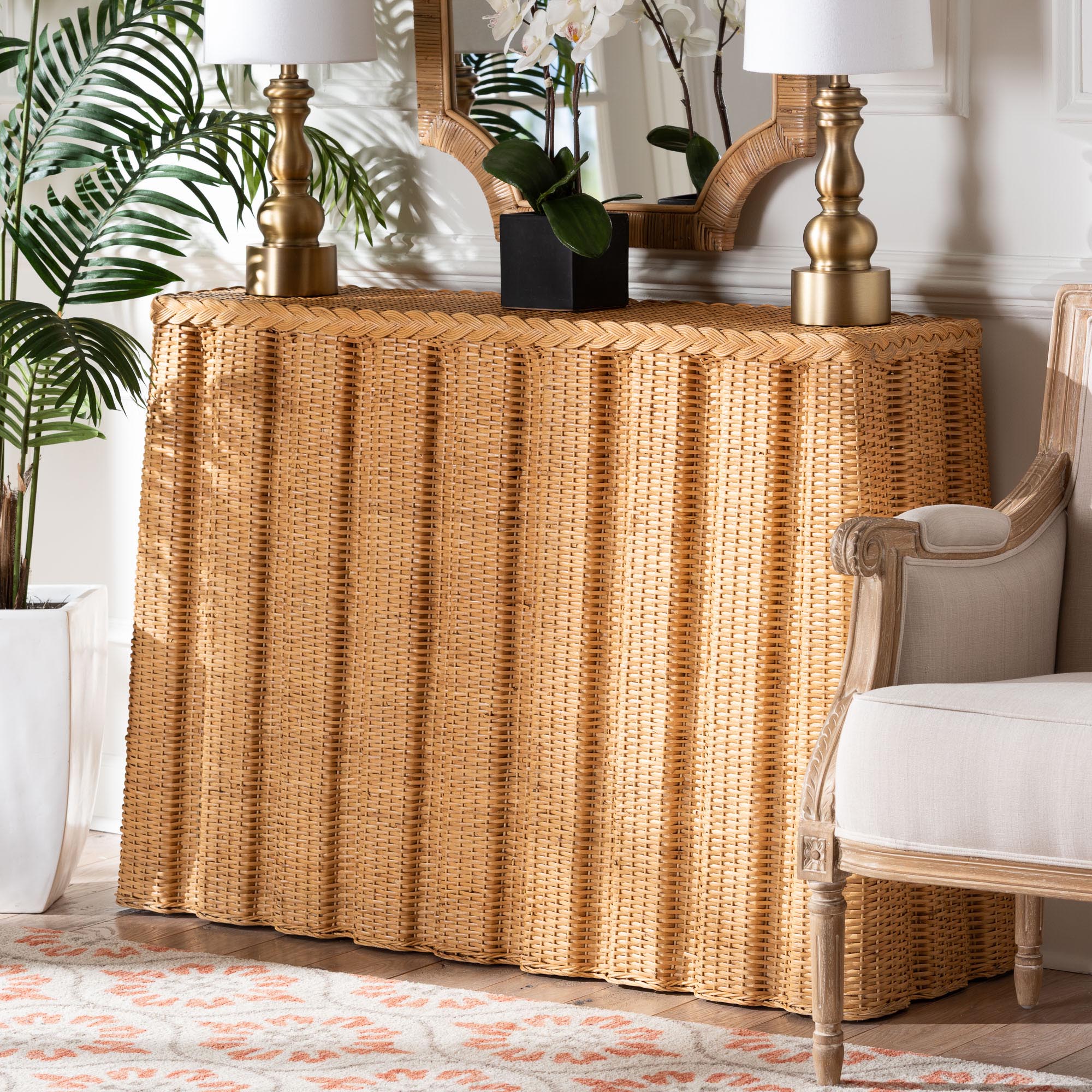 Andrea Natural Rattan Console Table - Handwoven Wicker Accent Table with Pleated Skirt, Boho Coastal Decor