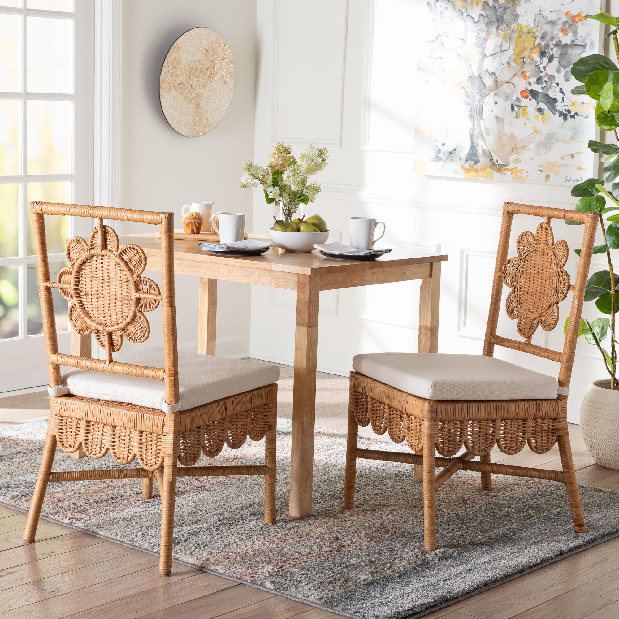 Abagale Natural Rattan 2-Piece Dining Chair Set - Handwoven Wicker Accent Side Chair with Floral Back and Removable Cushion, Artisanal Seating for Kitchen or Dining Room