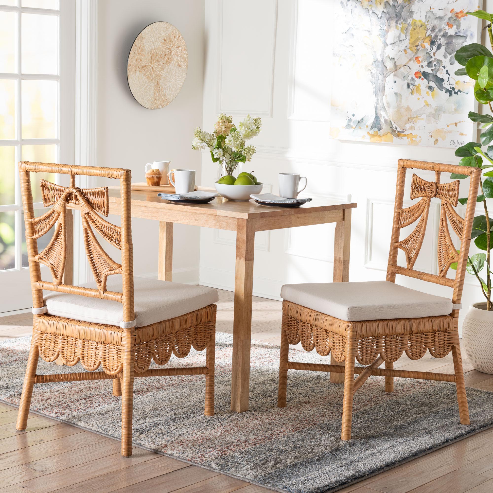Abia Natural Rattan 2-Piece Dining Chair Set - Handwoven Wicker Accent Side Chair with Bow and Ribbon Design, Artisanal Seating for Kitchen or Dining Room