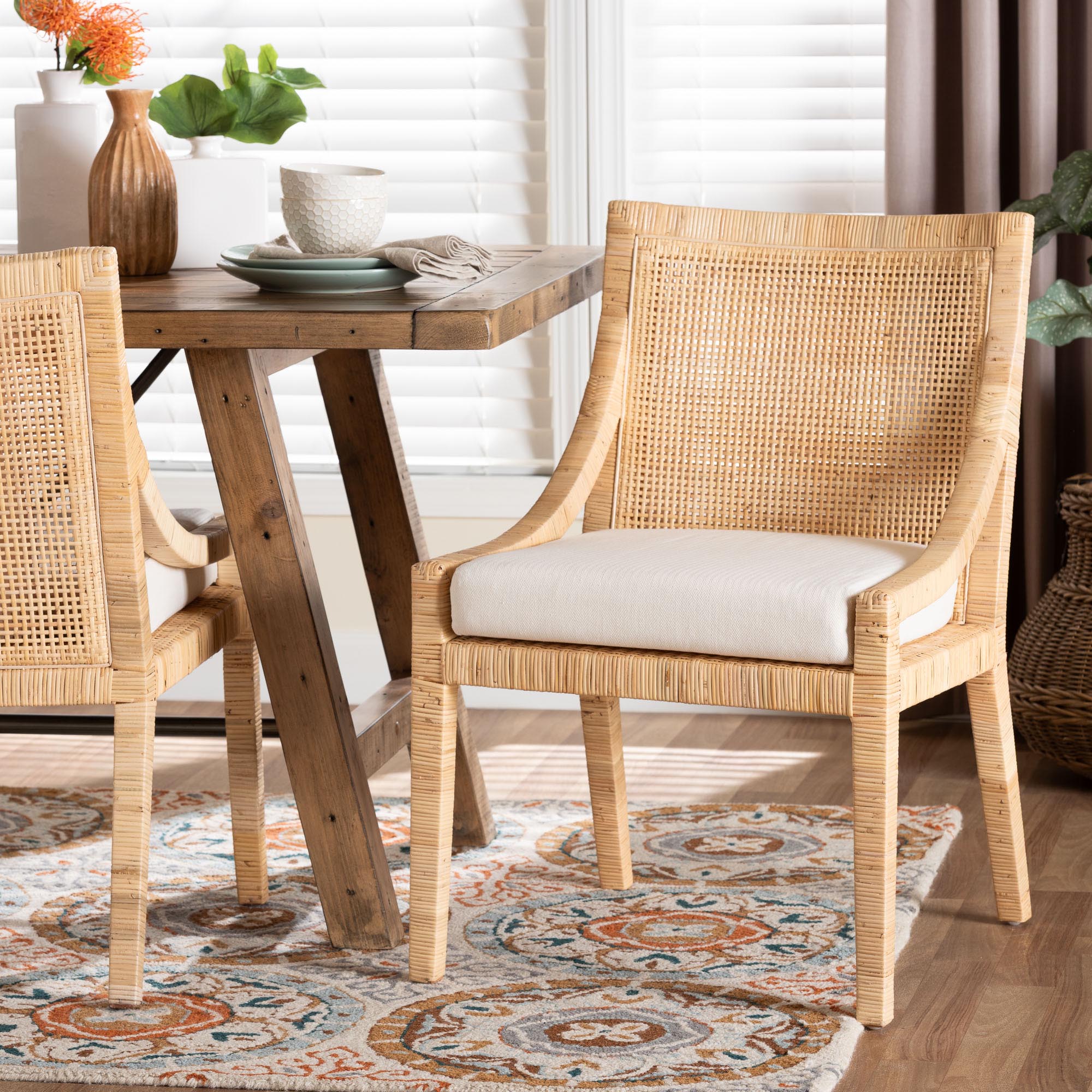 Alexis Natural Rattan Dining Chair - Handcrafted Wingback Accent Chair with Woven Back and Removable Seat Cushion, Coastal Boho Seating for Kitchen or Dining Room