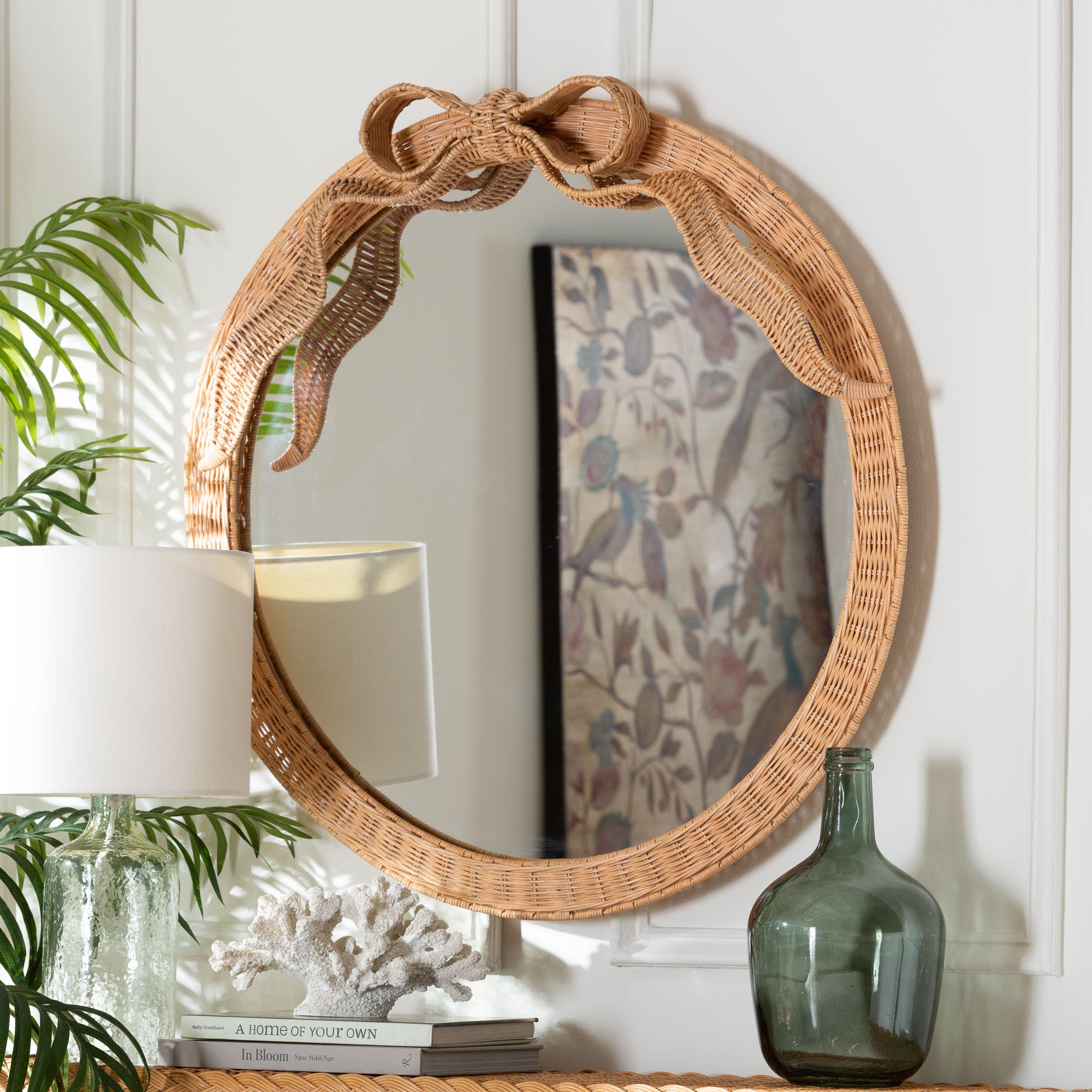 Creusa Natural Rattan Round Wall Mirror -Handwoven Wicker Frame with Decorative Bow Accent, Coastal Boho Wall Decor for Entryway, Bedroom, or Living Room