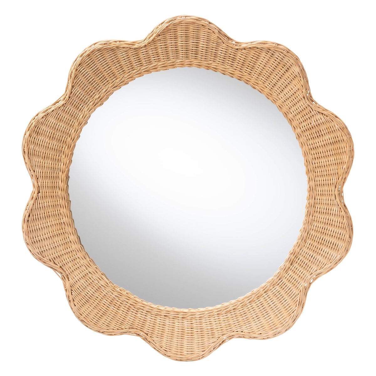 Makoto Scalloped Natural Rattan Wall Mirror - Handwoven Wicker Round Frame, Boho Coastal Accent Wall Decor for Entryway, Bedroom, or Living Room