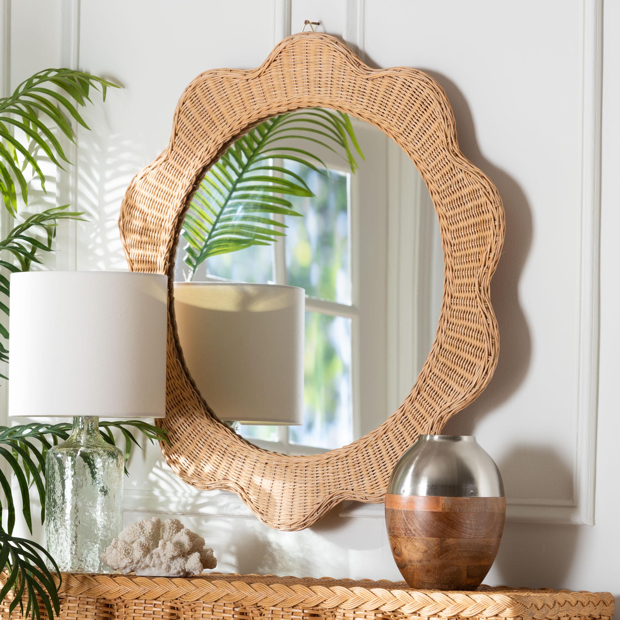 Makoto Scalloped Natural Rattan Wall Mirror - Handwoven Wicker Round Frame, Boho Coastal Accent Wall Decor for Entryway, Bedroom, or Living Room
