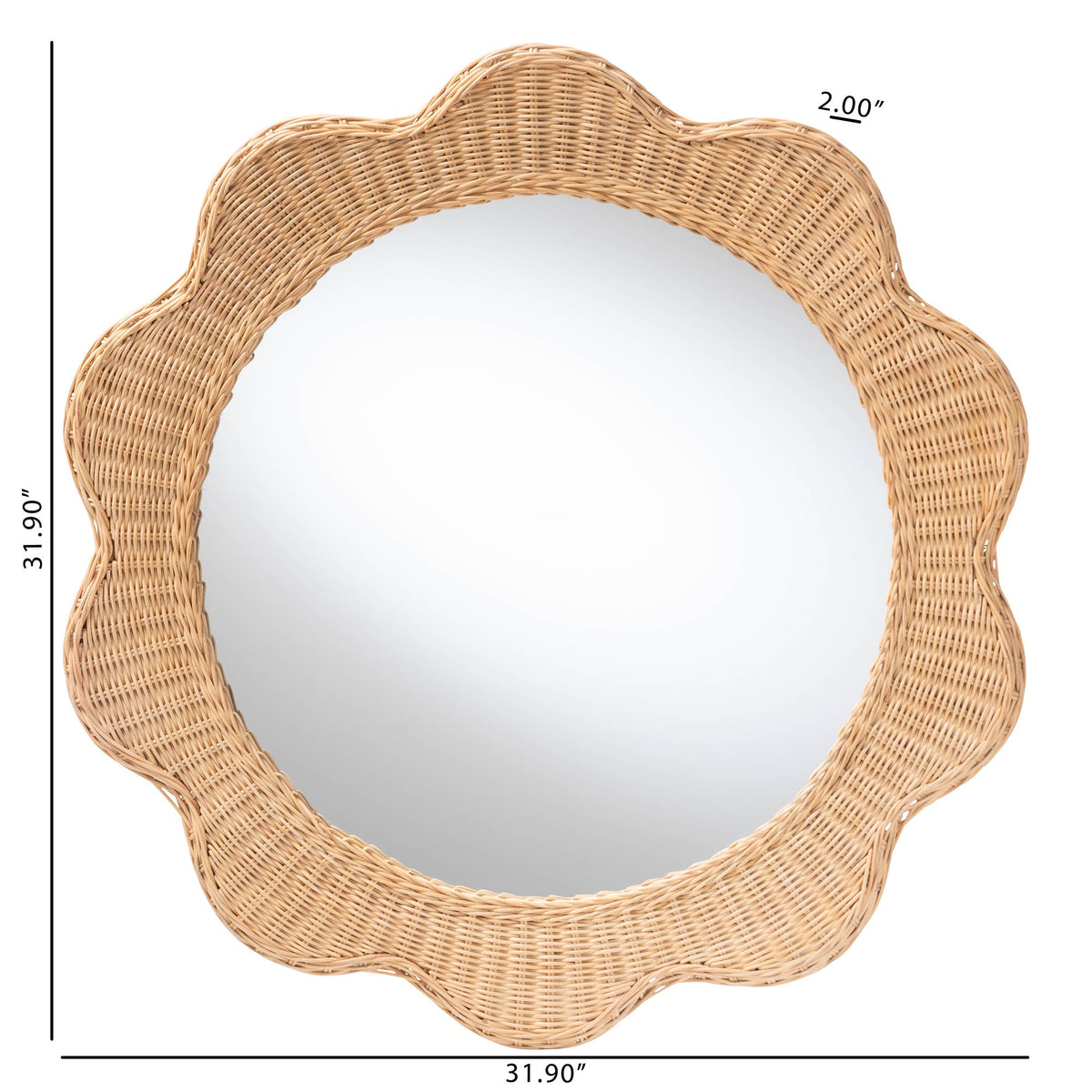 Makoto Scalloped Natural Rattan Wall Mirror - Handwoven Wicker Round Frame, Boho Coastal Accent Wall Decor for Entryway, Bedroom, or Living Room