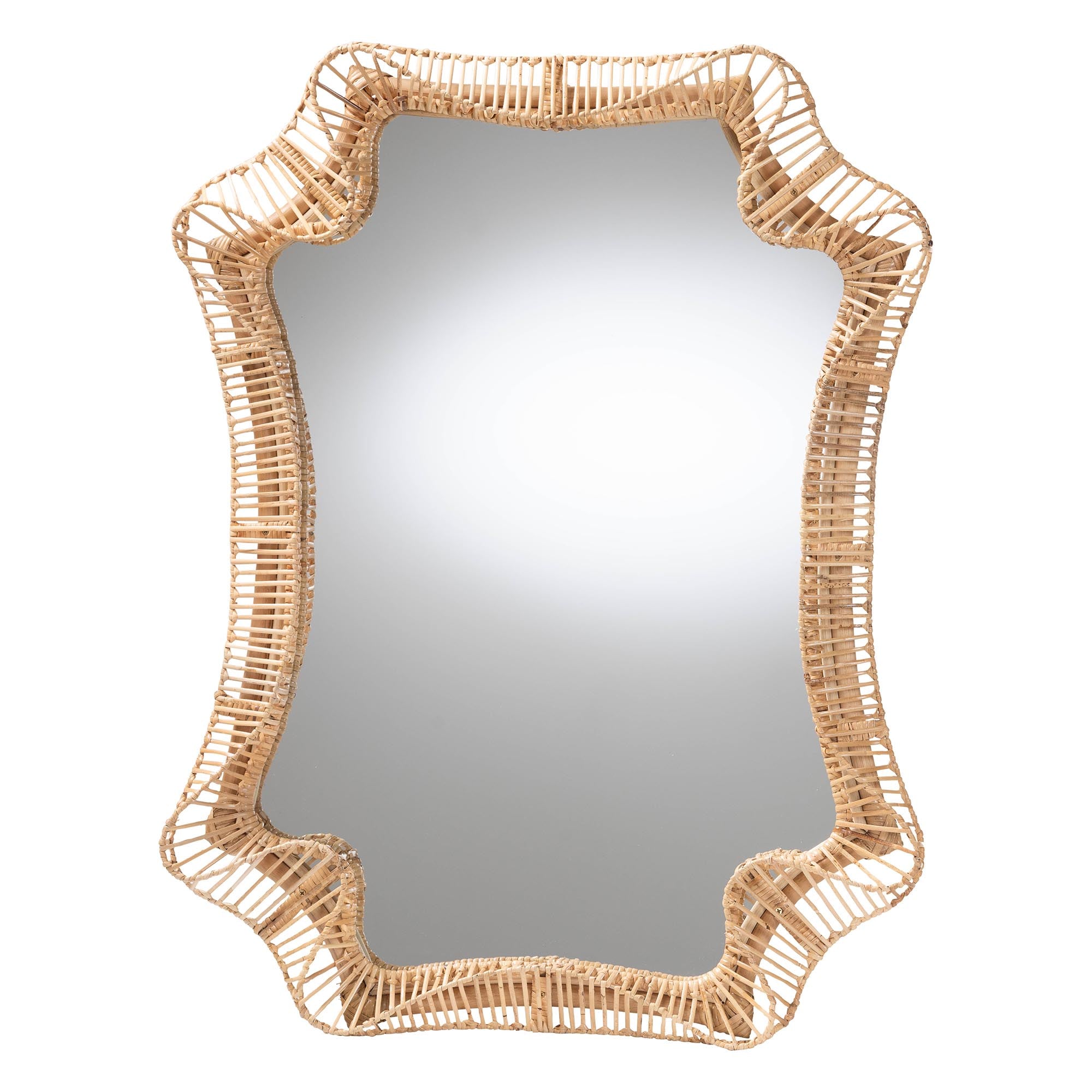 Yusra Natural Rattan Wall Mirror - Handwoven Wicker Frame with Freeform Silhouette, Coastal Boho Wall Decor for Entryway Bedroom or Living Room