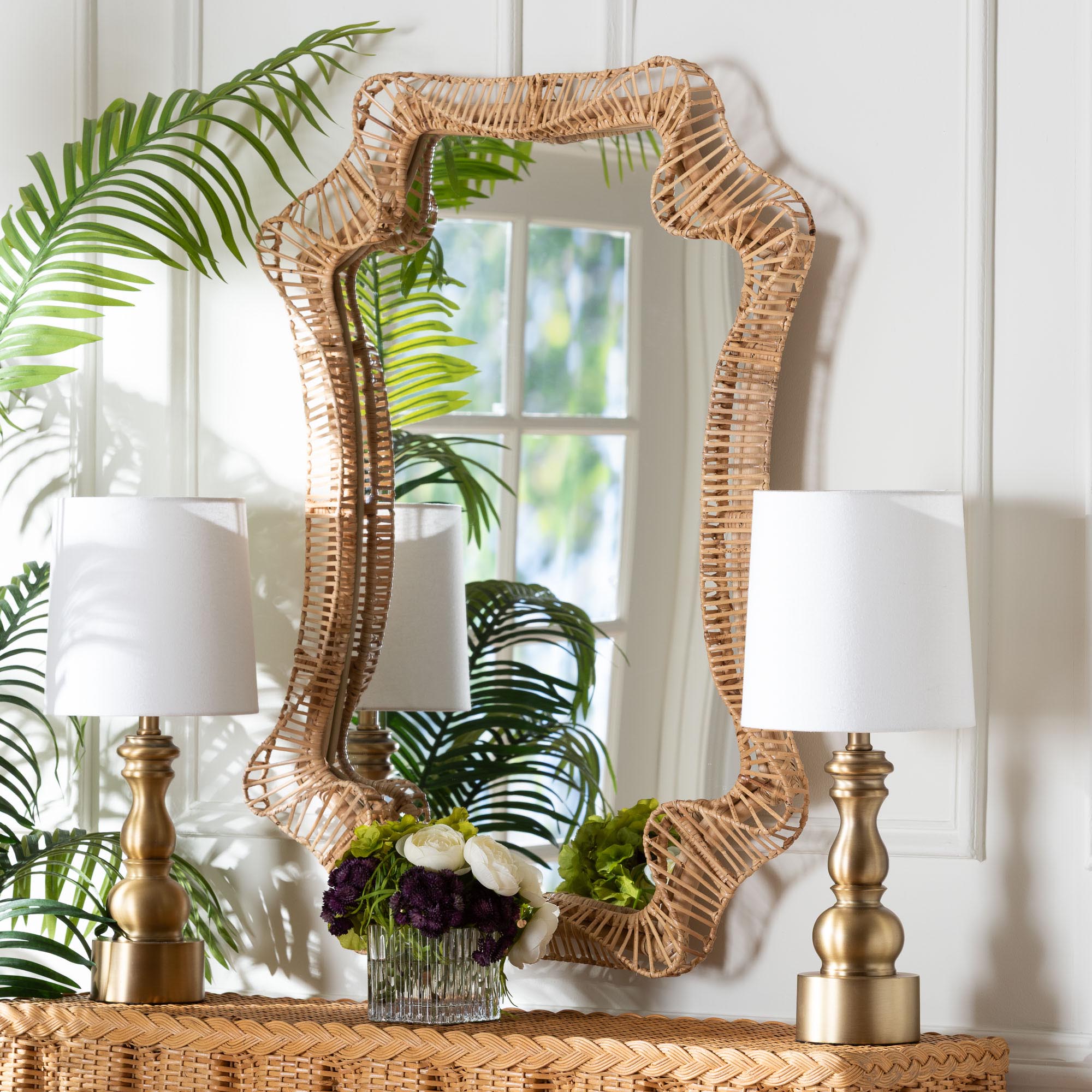 Yusra Natural Rattan Wall Mirror - Handwoven Wicker Frame with Freeform Silhouette, Coastal Boho Wall Decor for Entryway Bedroom or Living Room