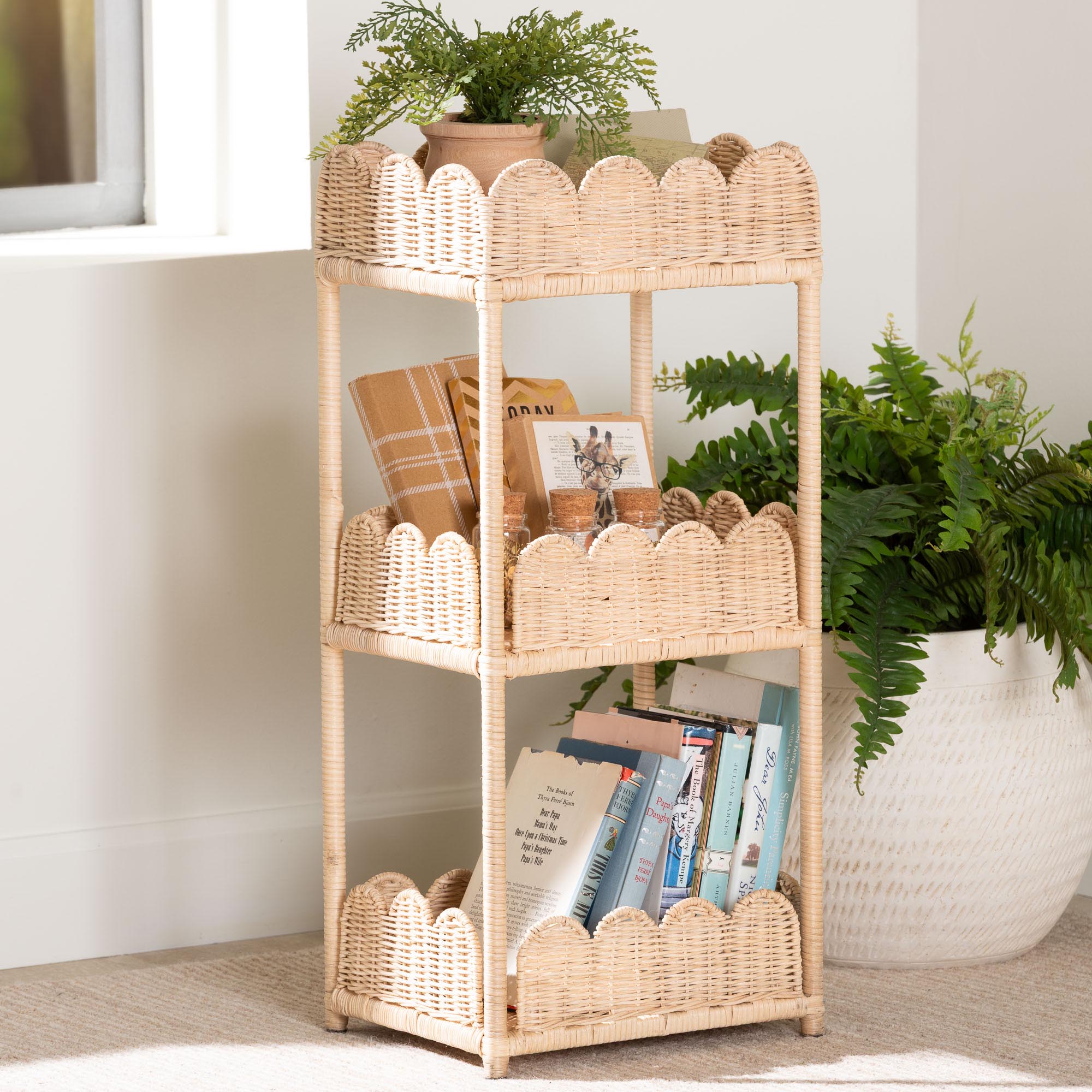 Brooks Natural Rattan 3-Tier Storage Shelf - Handwoven Wicker Display Stand with Scalloped Borders, Coastal Boho Accent Furniture