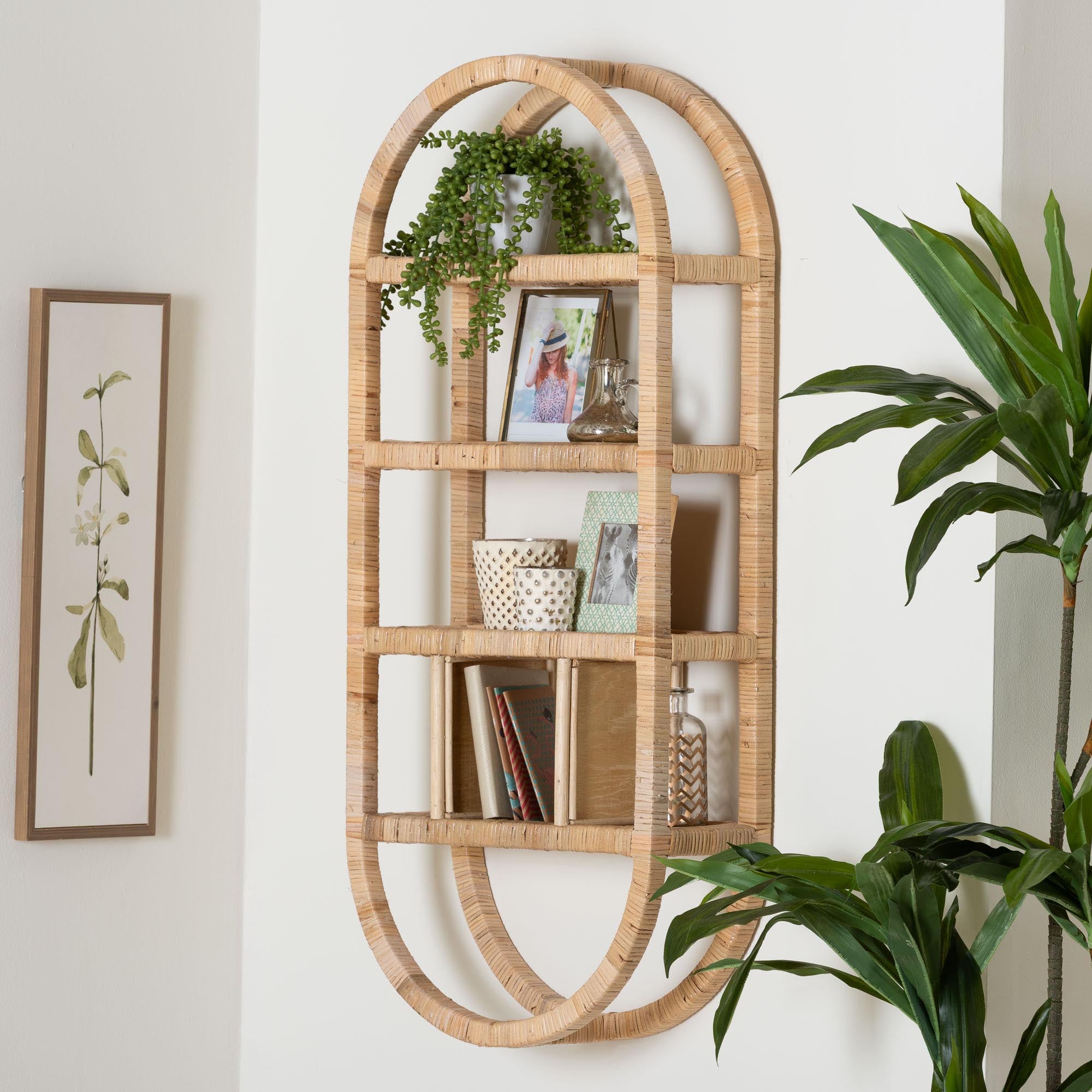 Labonita Natural Rattan Wall Shelf  - 3-Tier Wall-Mounted Display Unit with Arching Frame for Entryway, Living Room, or Bathroom