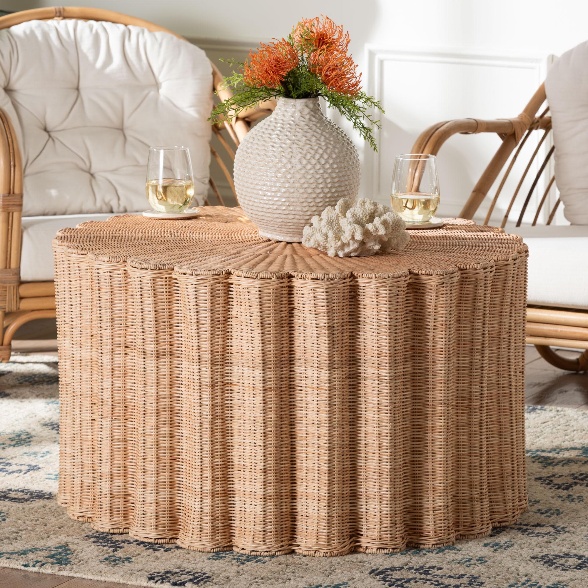 Kensley Natural Rattan Coffee Table - Handwoven Wicker Round Accent Table with Scalloped Silhouette, Boho Coastal Style Decor for Living Rooms or Lounges