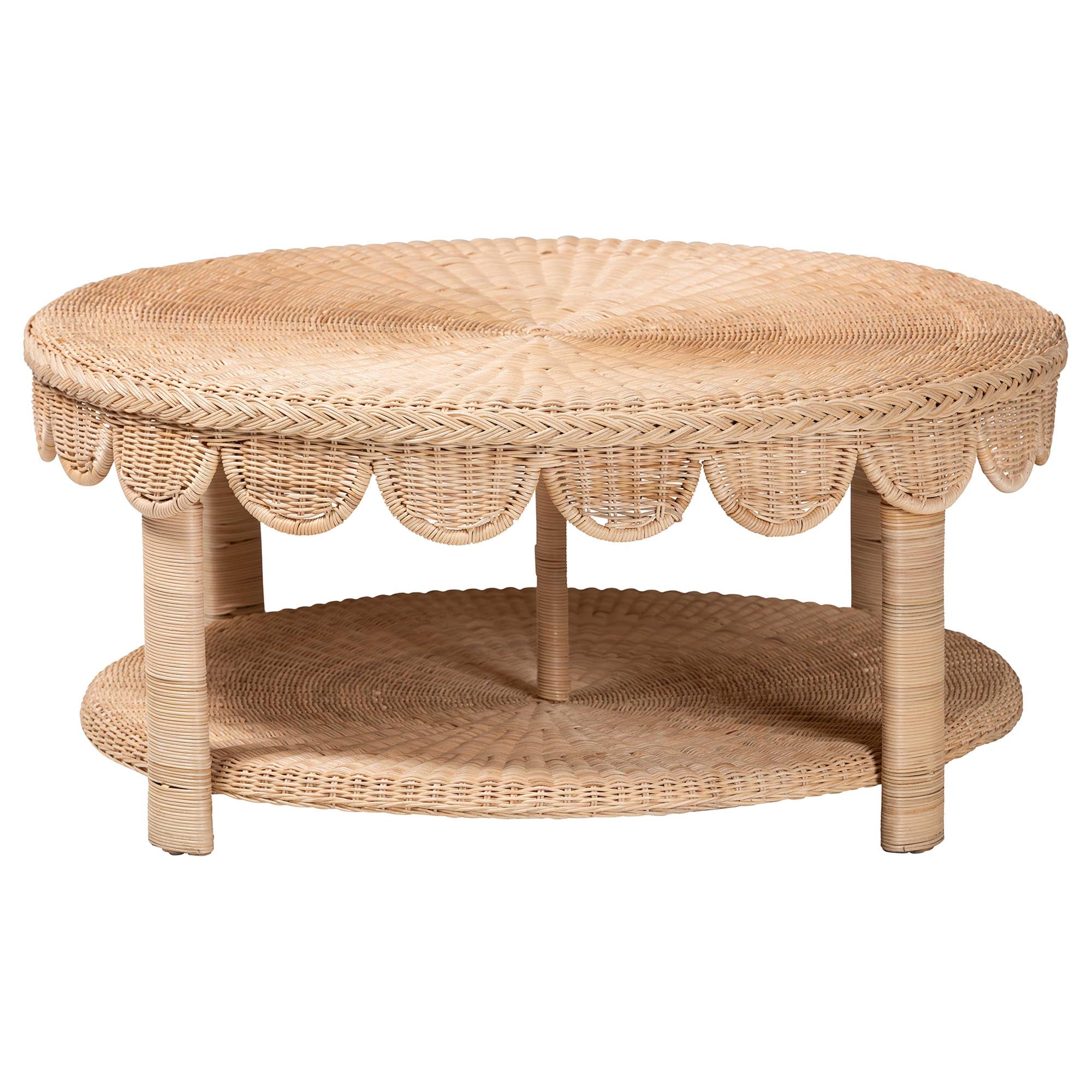 Latoya Natural Rattan Coffee Table - Handwoven Round Wicker Table with Scalloped Apron and Lower Shelf, Coastal Boho Living Room Accent Furniture