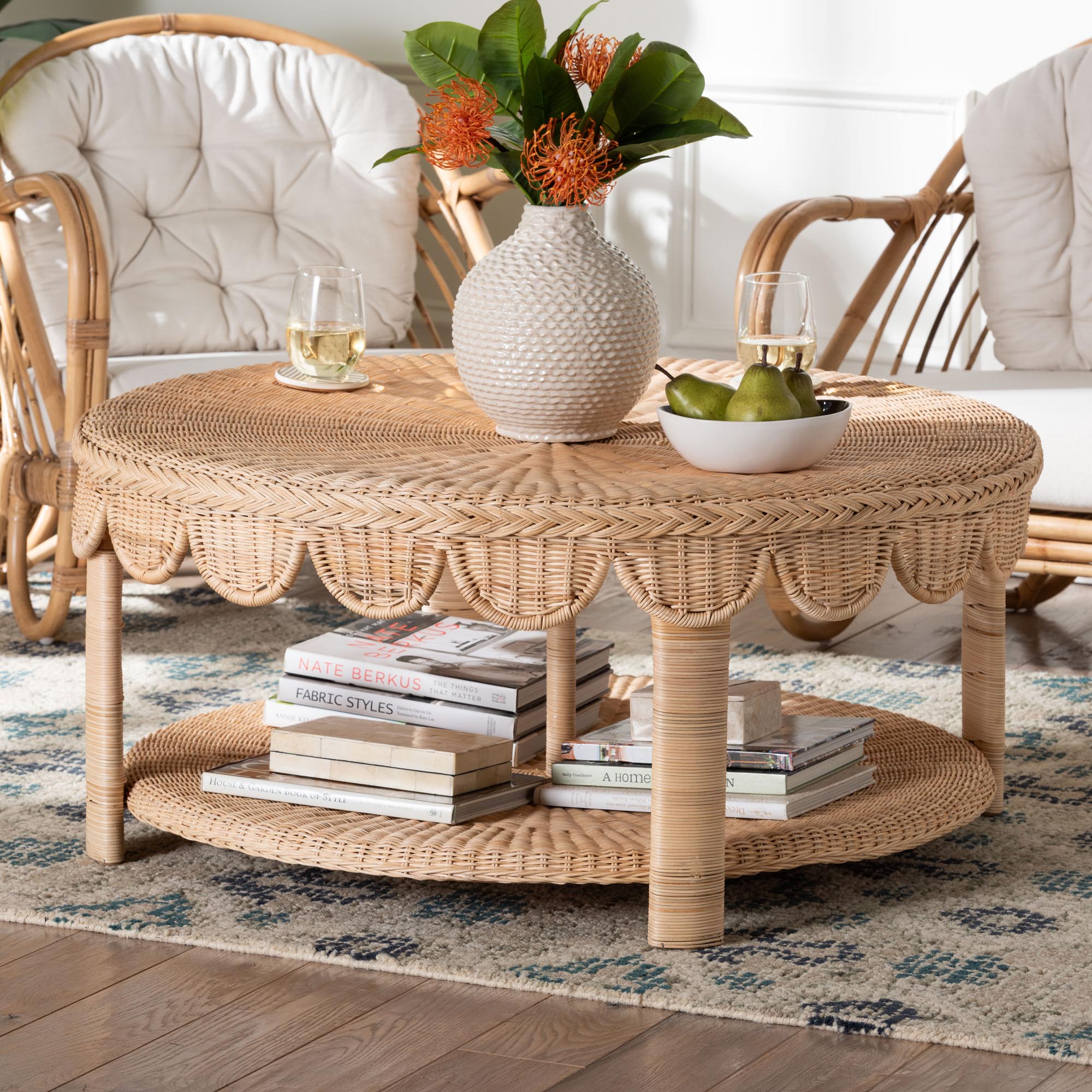 Latoya Natural Rattan Coffee Table - Handwoven Round Wicker Table with Scalloped Apron and Lower Shelf, Coastal Boho Living Room Accent Furniture