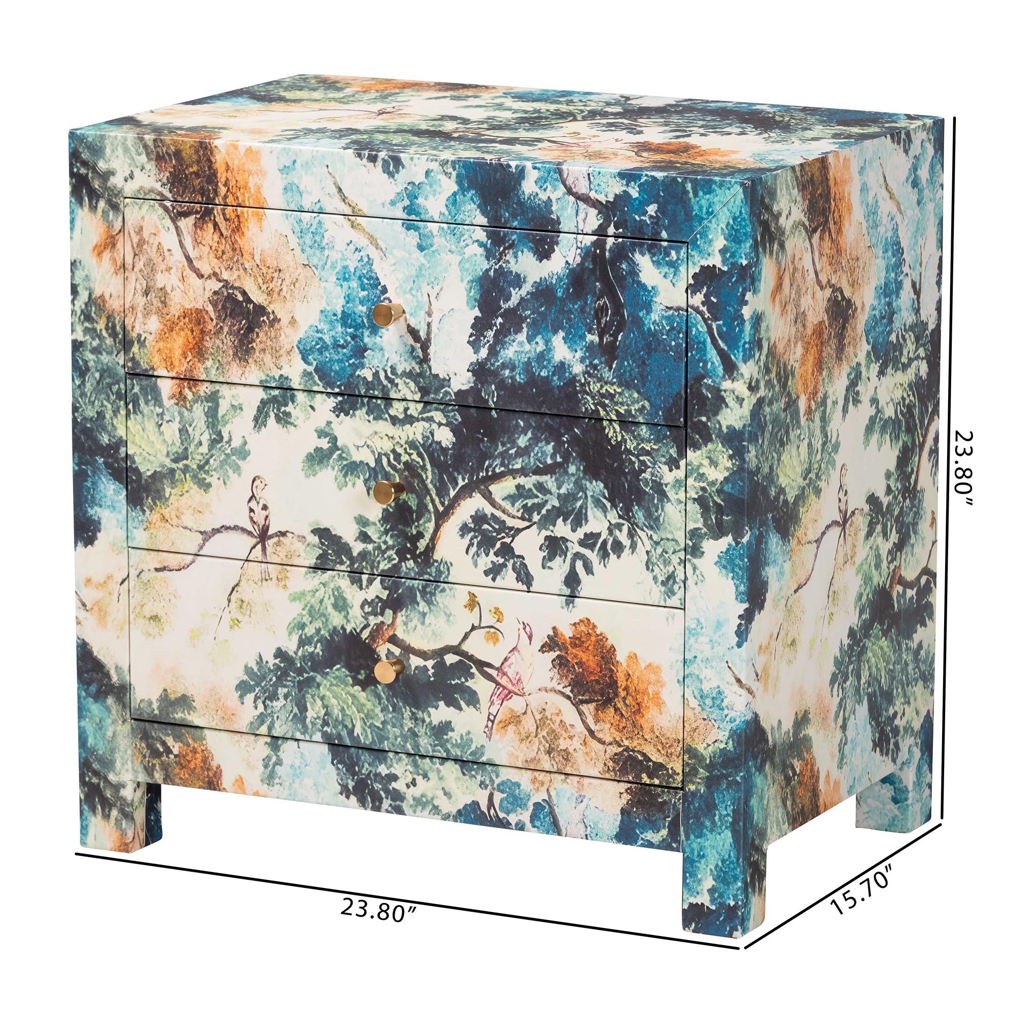 Adeline End Table with Printed Nature Motif - 3-Drawer Storage Cabinet with Gold Knobs