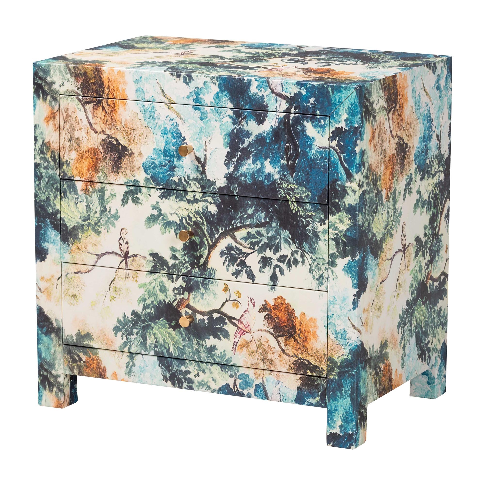 Adeline End Table with Printed Nature Motif - 3-Drawer Storage Cabinet with Gold Knobs