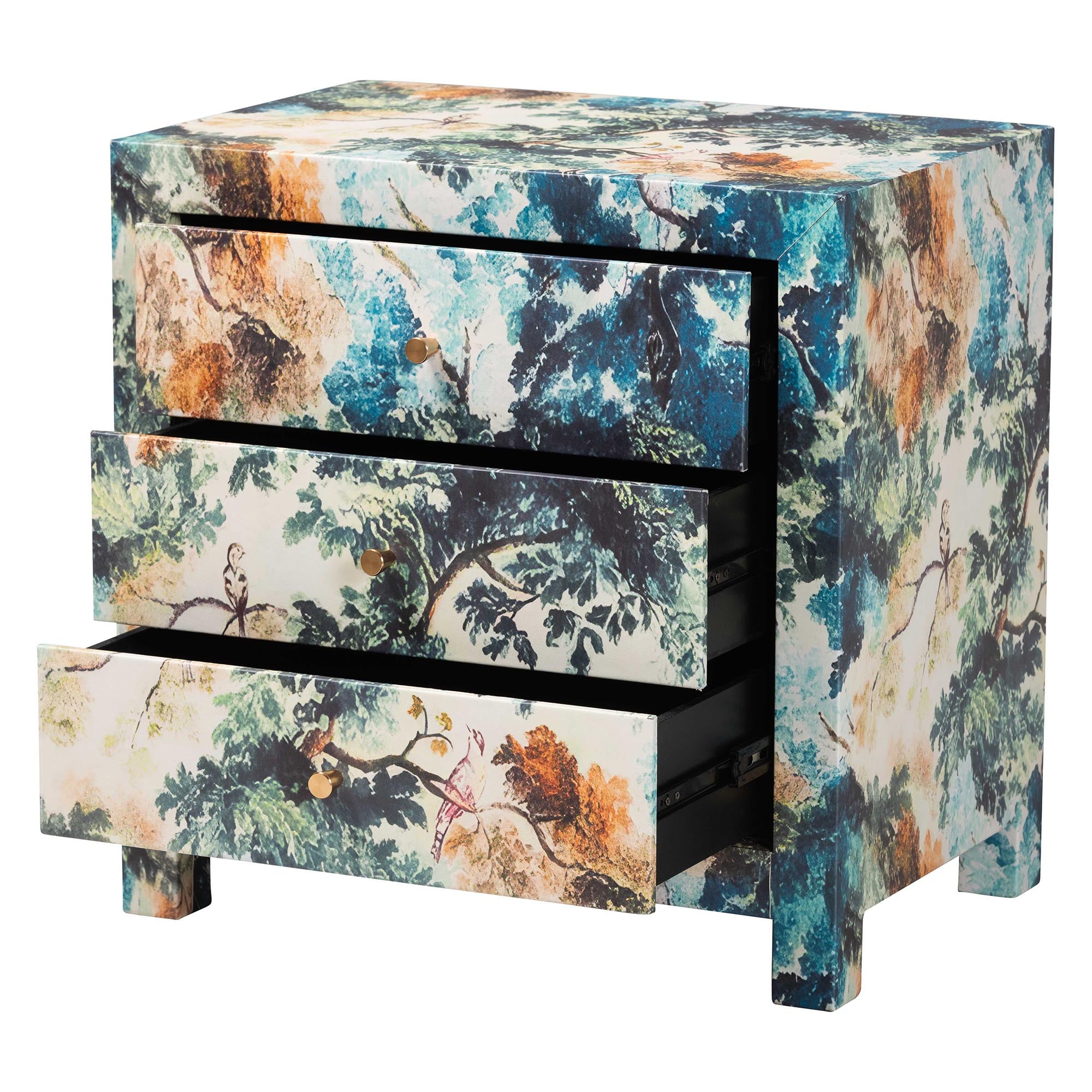 Adeline End Table with Printed Nature Motif - 3-Drawer Storage Cabinet with Gold Knobs