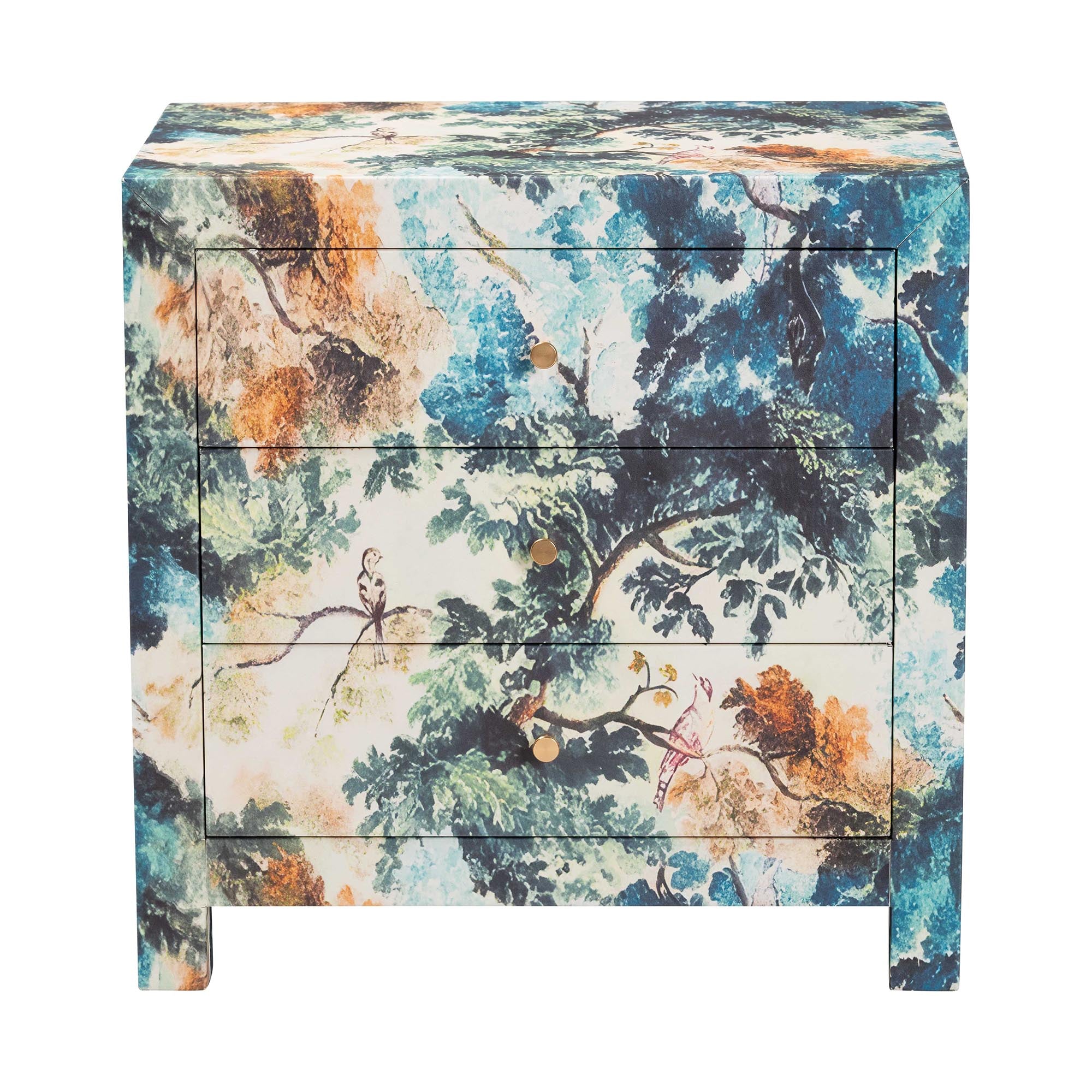 Adeline End Table with Printed Nature Motif - 3-Drawer Storage Cabinet with Gold Knobs