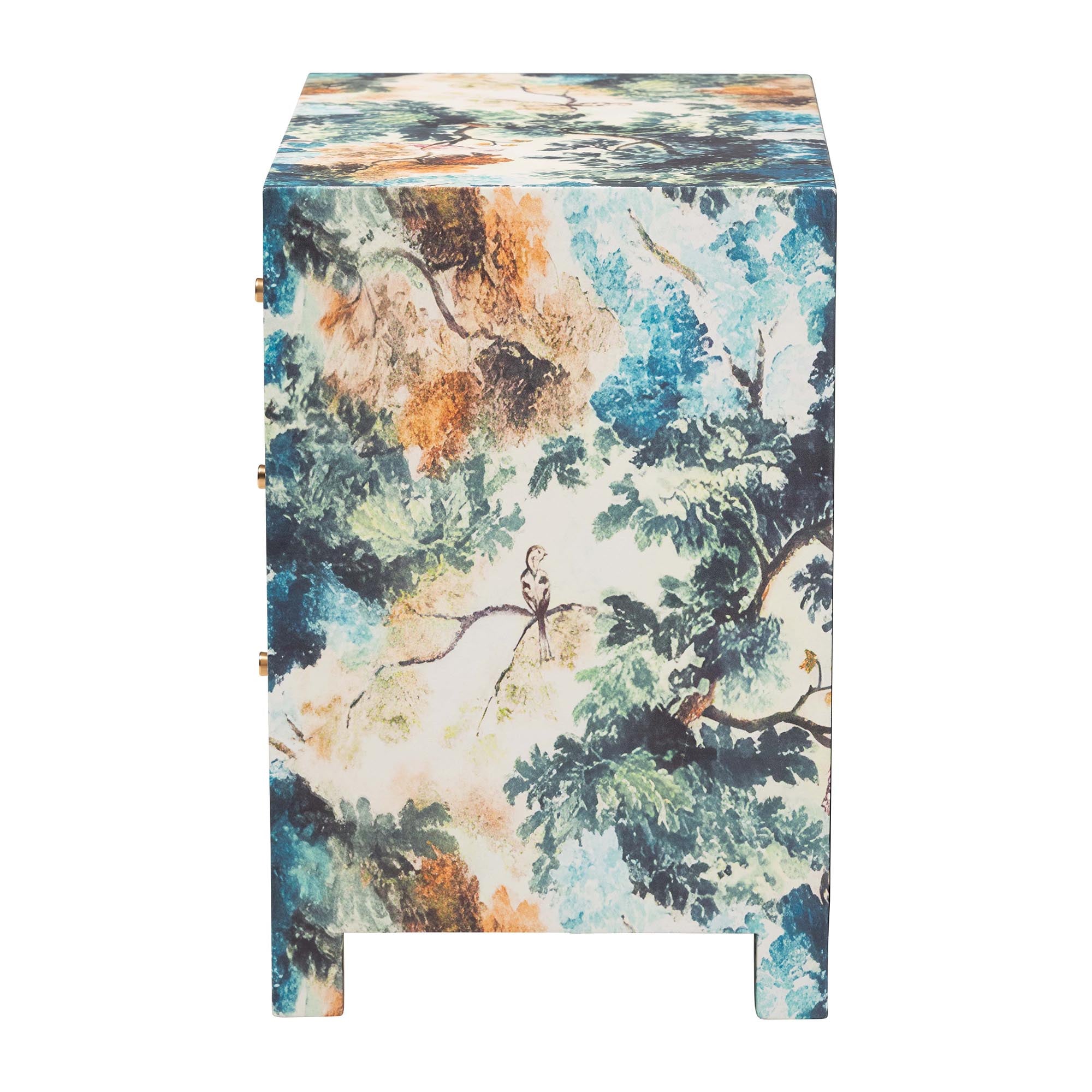 Adeline End Table with Printed Nature Motif - 3-Drawer Storage Cabinet with Gold Knobs