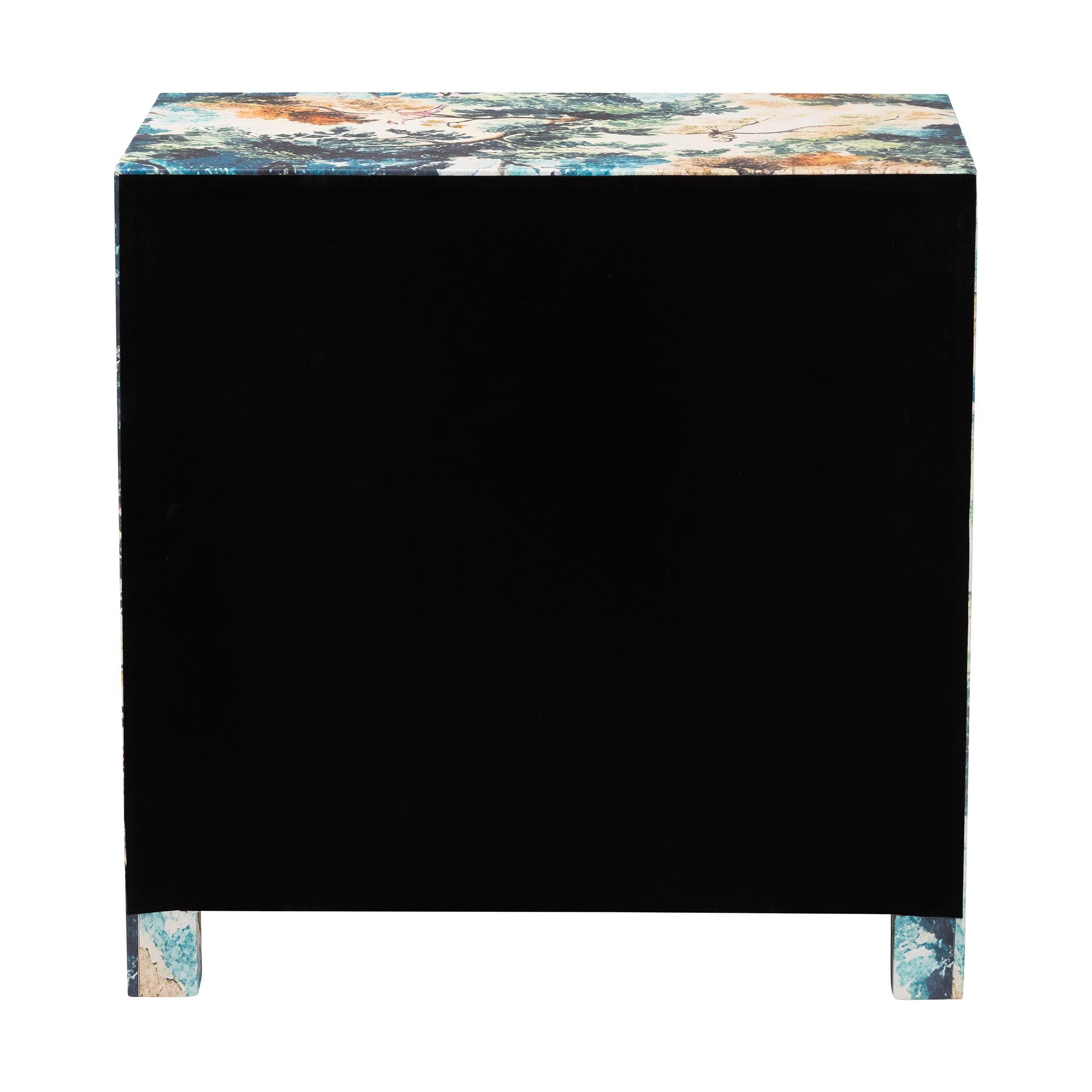 Adeline End Table with Printed Nature Motif - 3-Drawer Storage Cabinet with Gold Knobs