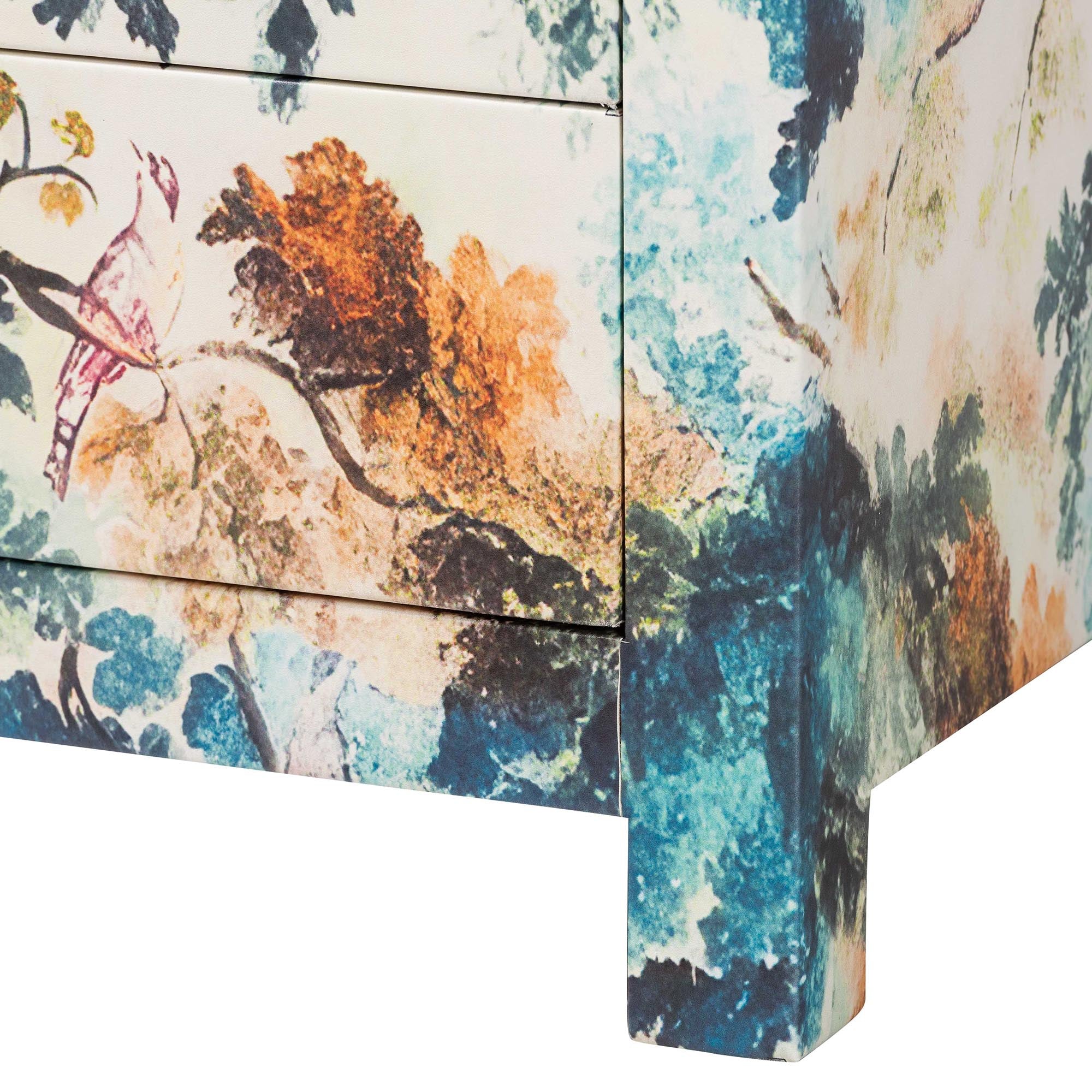 Adeline End Table with Printed Nature Motif - 3-Drawer Storage Cabinet with Gold Knobs